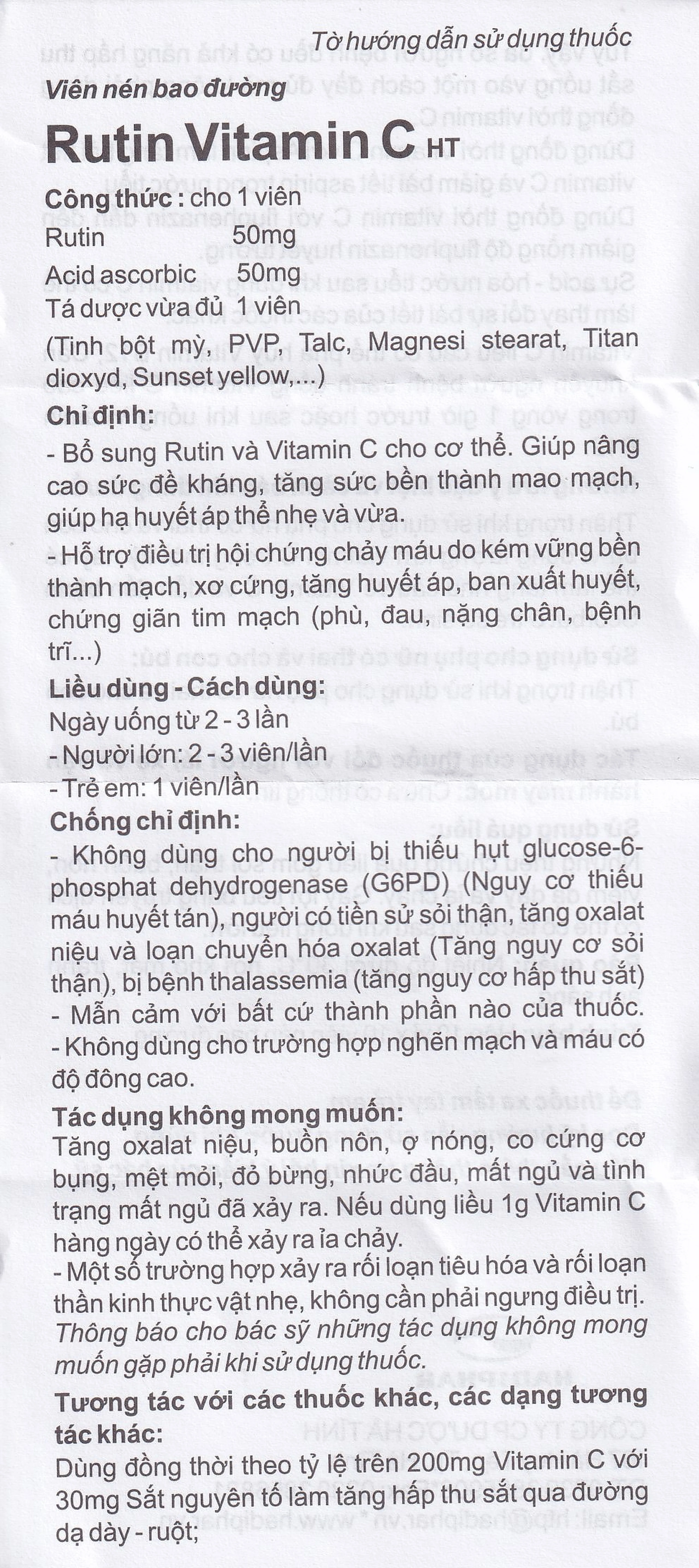 Thuốc Rutin Vitamin C Hadiphar tăng sức bền thành mao mạch, điều trị chứng giãn tĩnh mạch (10 vỉ x 10 viên)