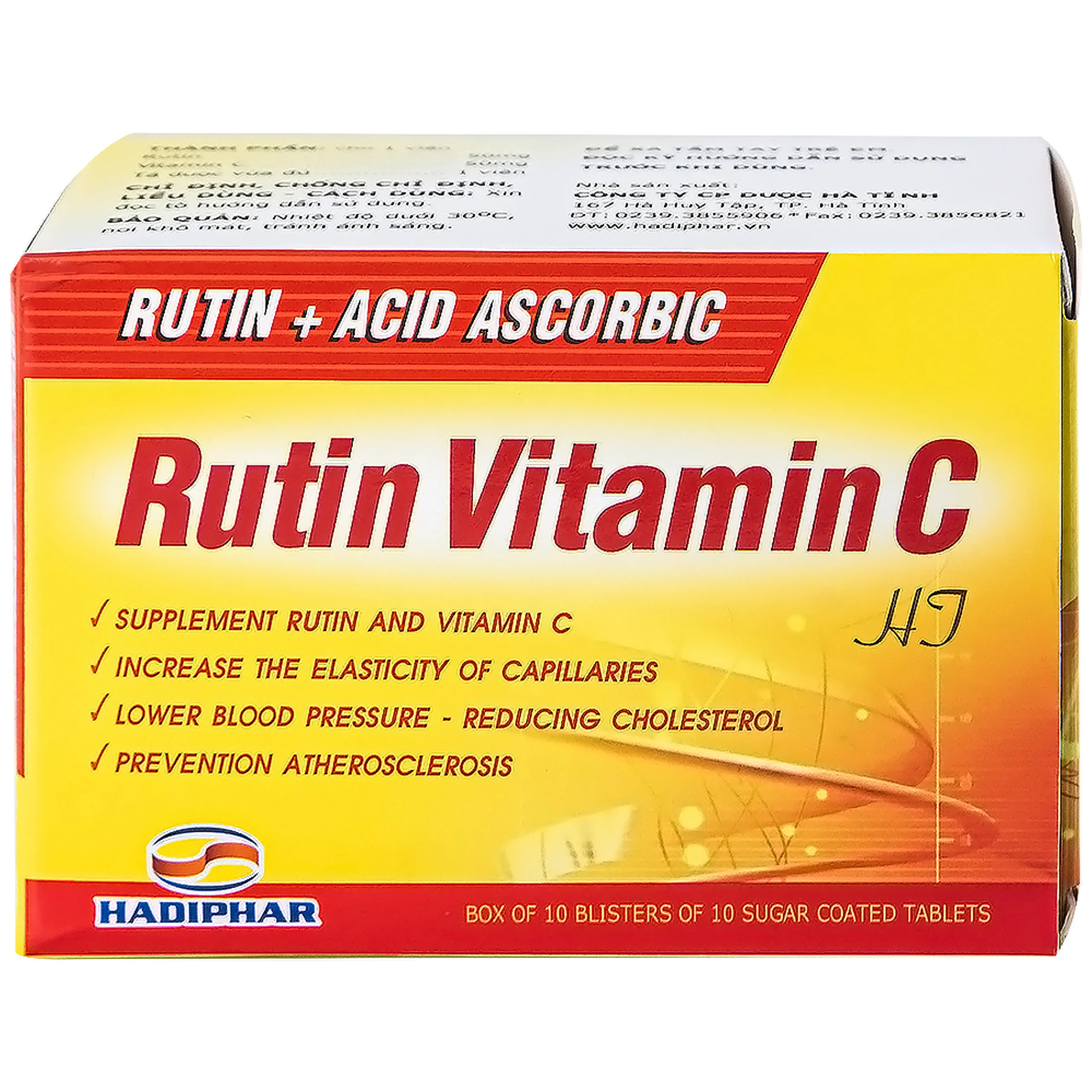 Thuốc Rutin Vitamin C Hadiphar tăng sức bền thành mao mạch, điều trị chứng giãn tĩnh mạch (10 vỉ x 10 viên)