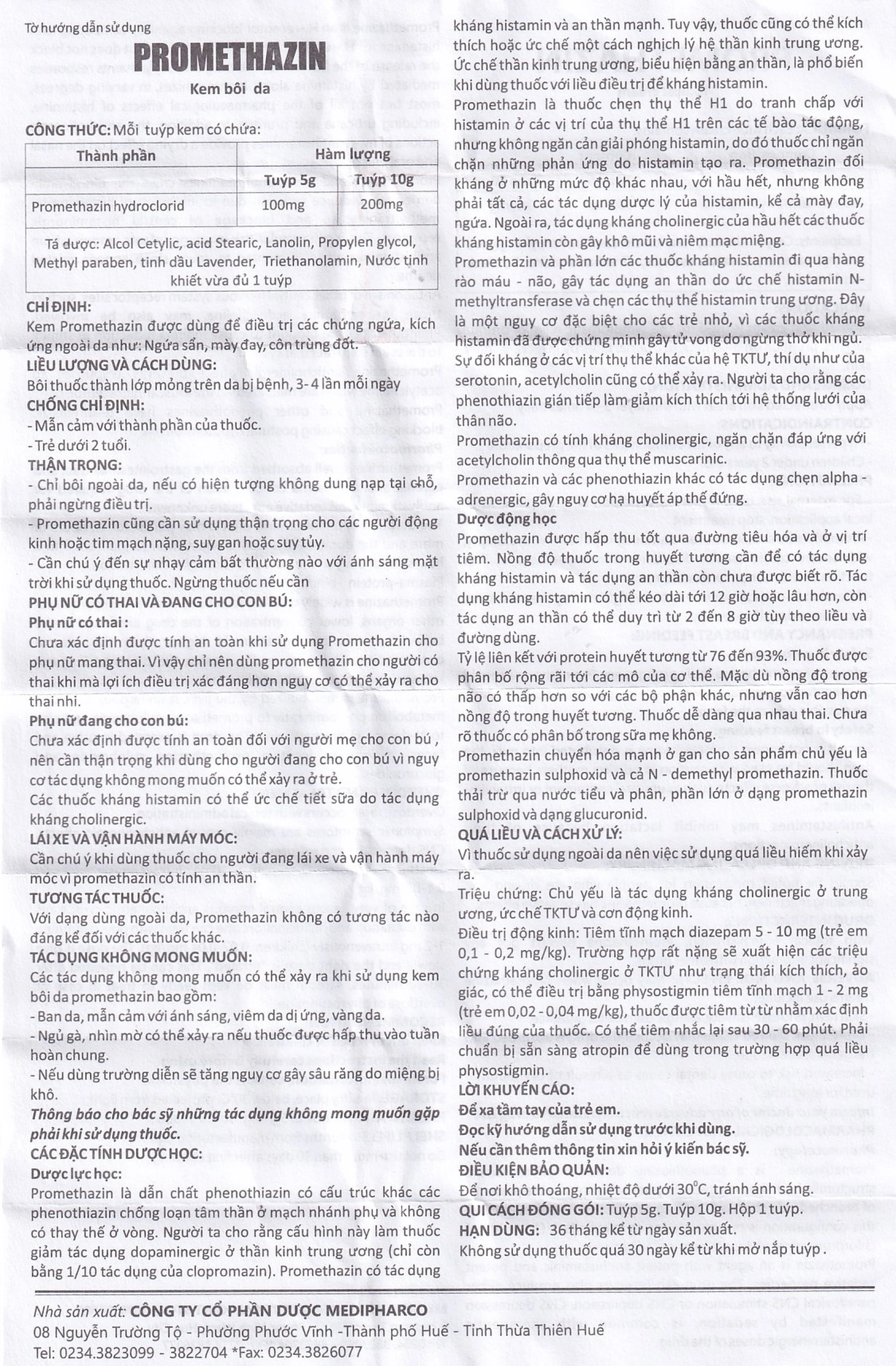 Kem bôi da Promethazin 2% Medipharco điều trị ngứa sẩn, mày đay, côn trùng đốt (1 tuýp x 10g) 