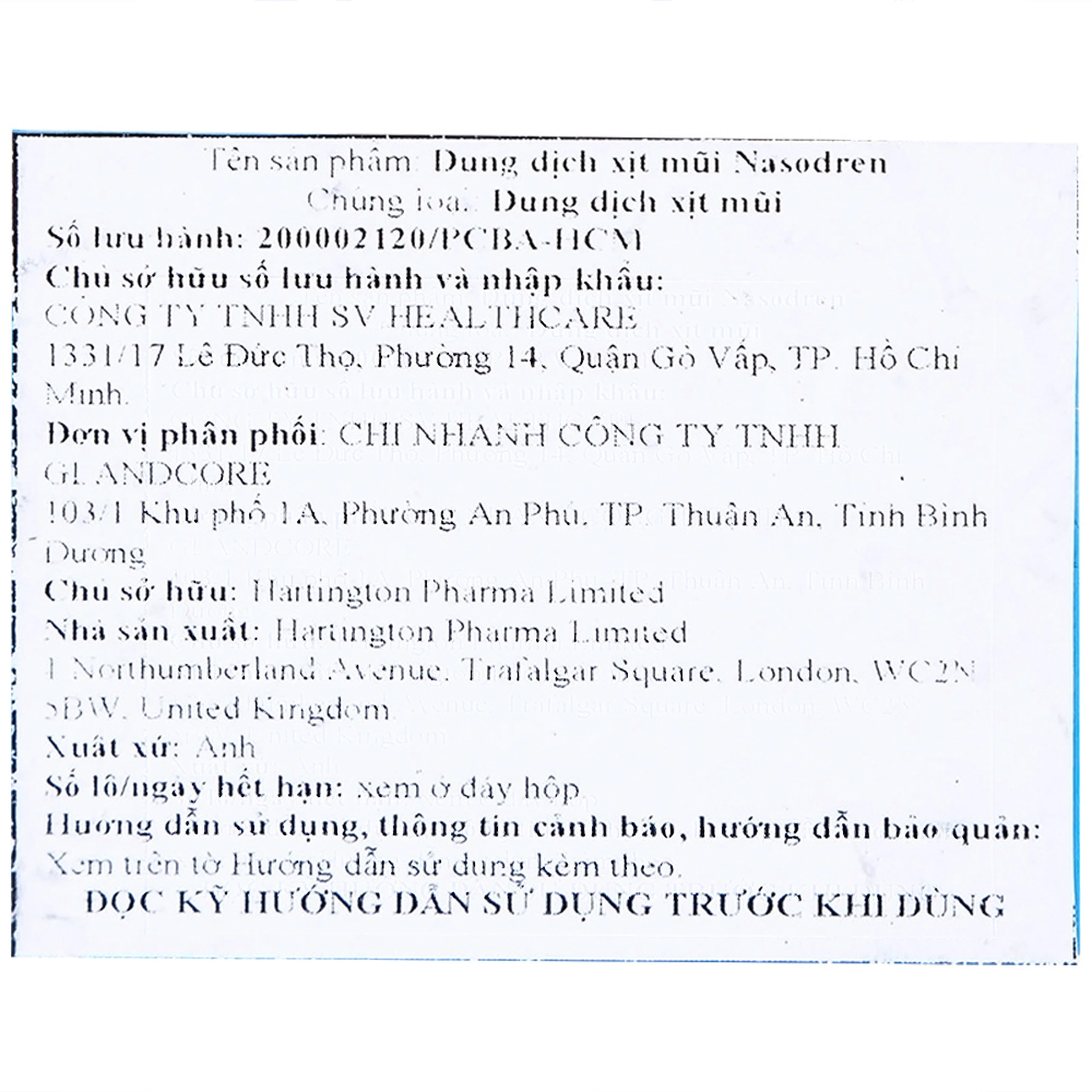 Xịt mũi xoang Nasodren Hartington 50mg giúp làm sạch mũi xoang, giảm triệu chứng viêm xoang cấp và mãn tính