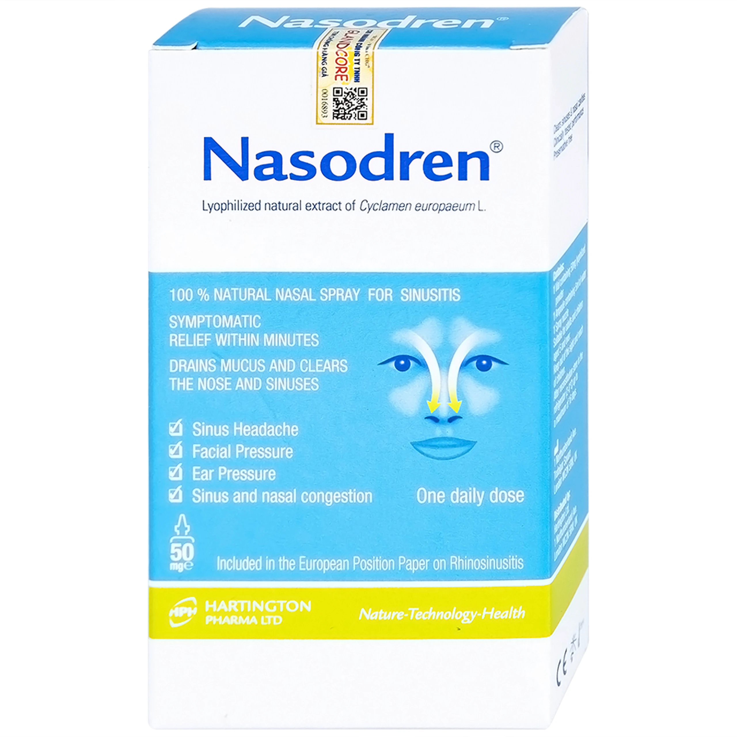 Xịt mũi xoang Nasodren Hartington 50mg giúp làm sạch mũi xoang, giảm triệu chứng viêm xoang cấp và mãn tính