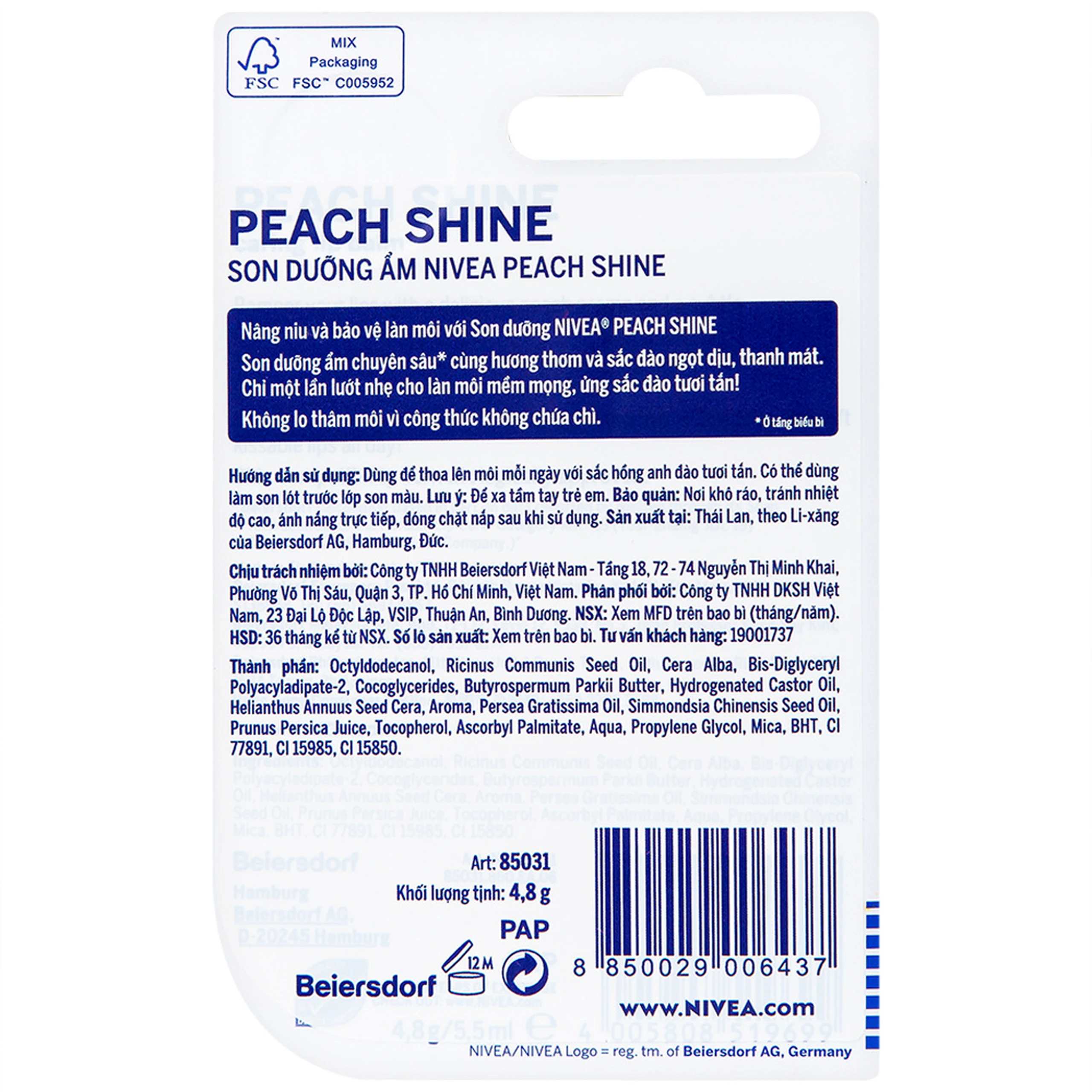 Son dưỡng ẩm Nivea Peach Shine 4.8g dưỡng môi mềm mại (4.8g)