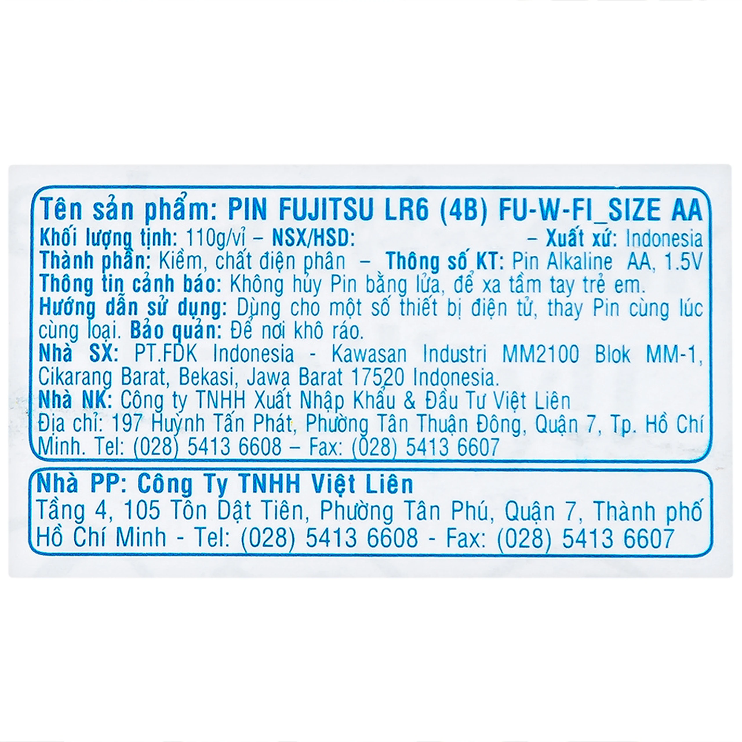 Pin Fujitsu Alkaline LR6 (4B) AA FU-W-FI (vỉ 4 viên) dùng cho các thiết bị điện tử