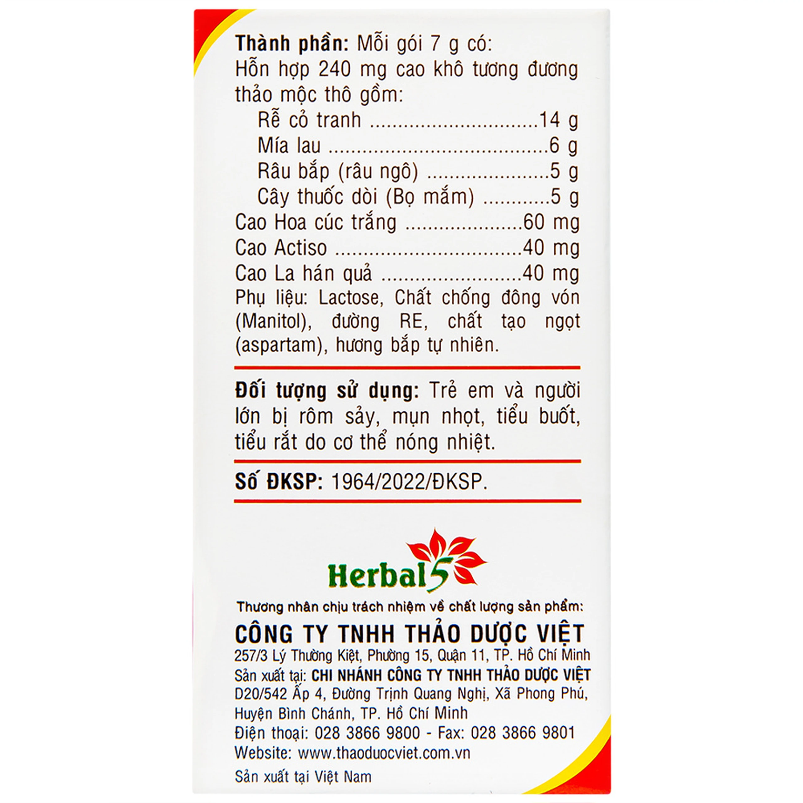 Bột nước mát Herbal Cool Extra - Vị Bắp (10 gói)