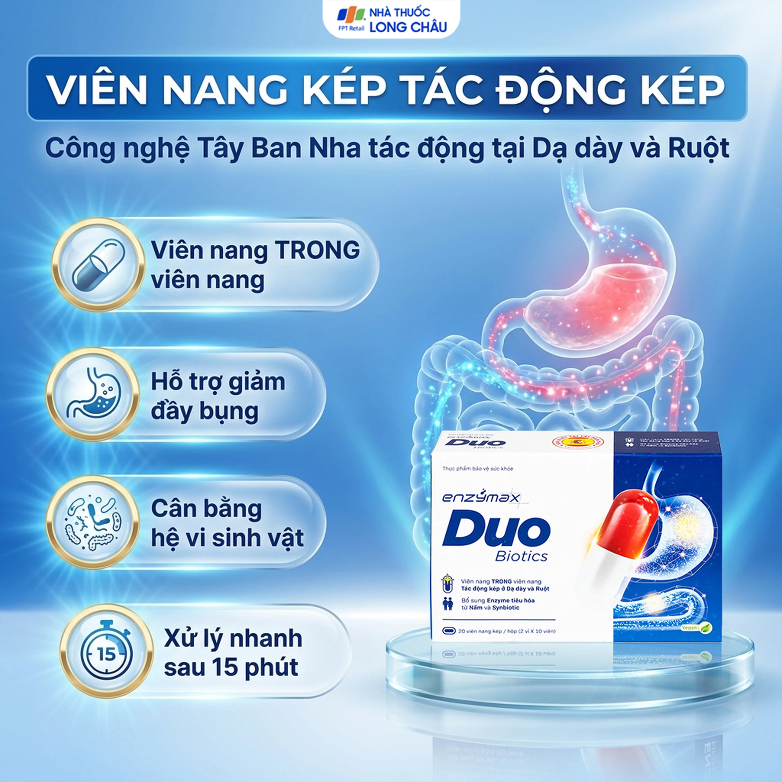 Viên hỗ trợ tăng cường tiêu hóa Enzymax Duo Biotics MHD (2 vỉ x 10 viên) 2