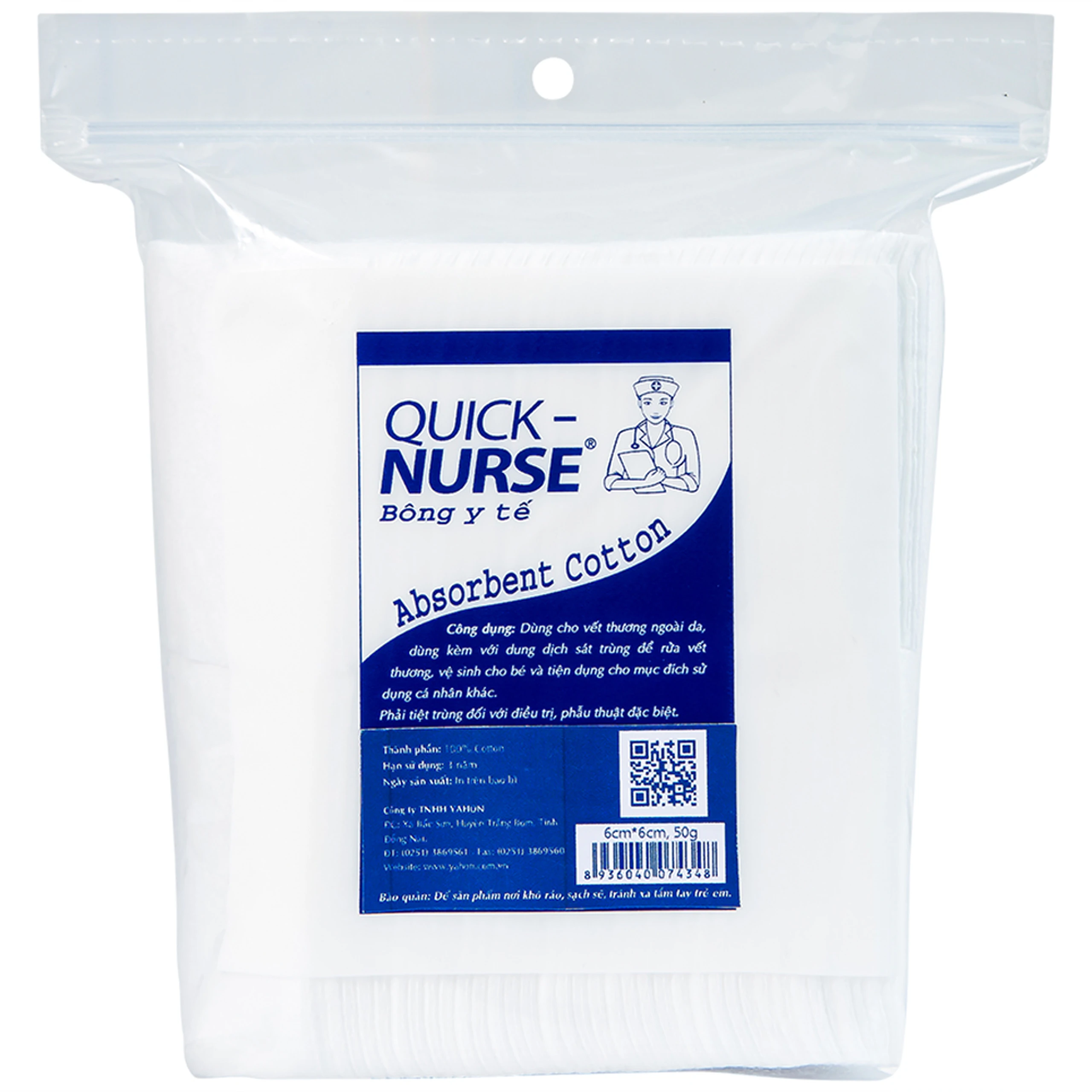 Bông gòn cắt miếng Quick Nurse 6x6 50g dùng cho vết thương ngoài da, sát trùng, vệ sinh 