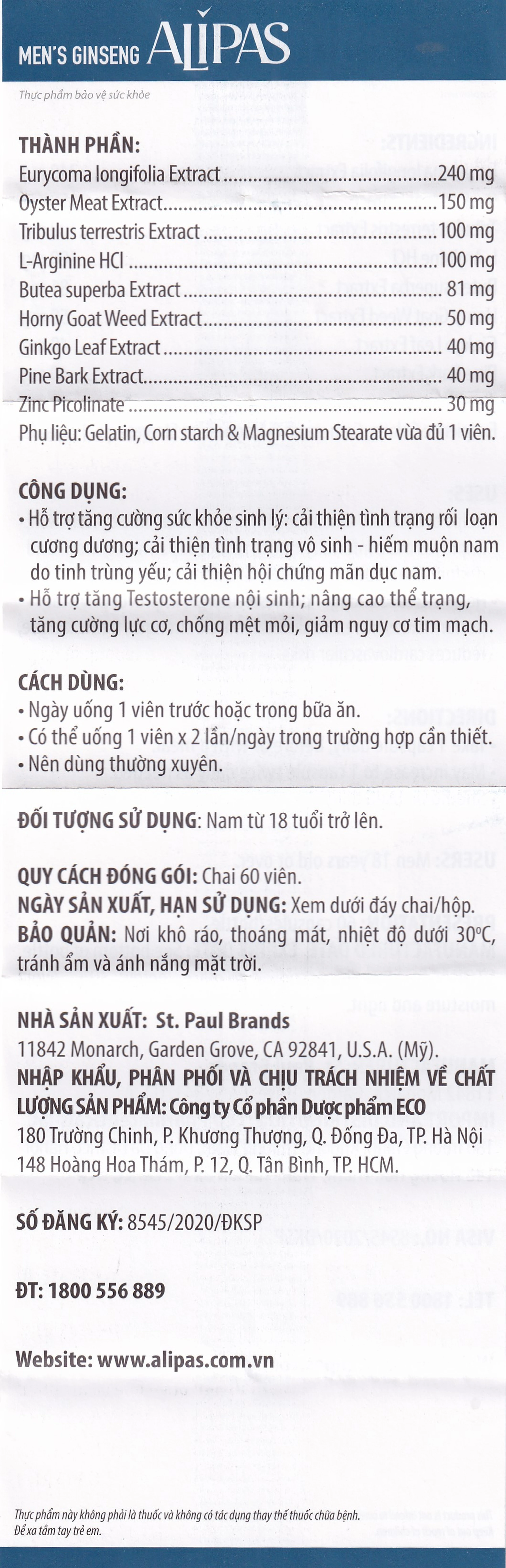 Viên uống tăng cường sinh lực phái mạnh Ecogreen Men’s Ginseng Alipas (60 viên)