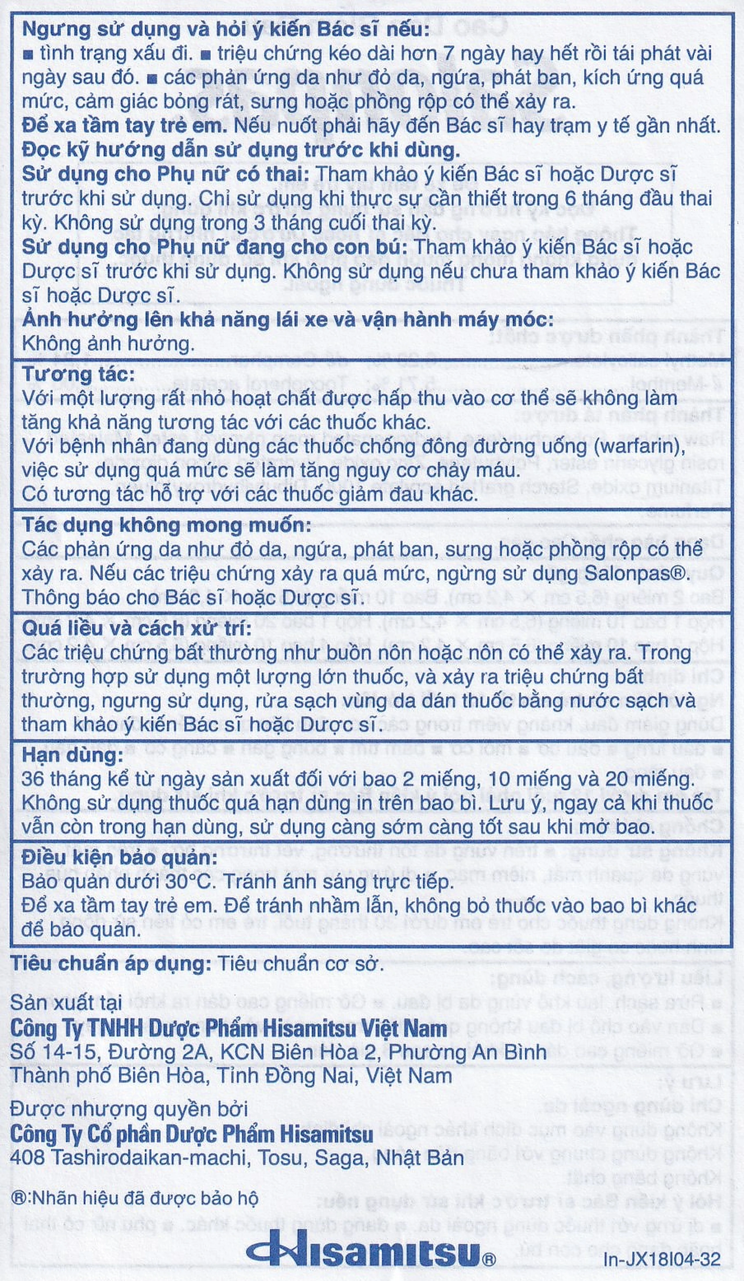 Cao dán Salonpas Hisamitsu giảm đau vai, đau lưng, đau cơ (24 gói x 10 miếng)