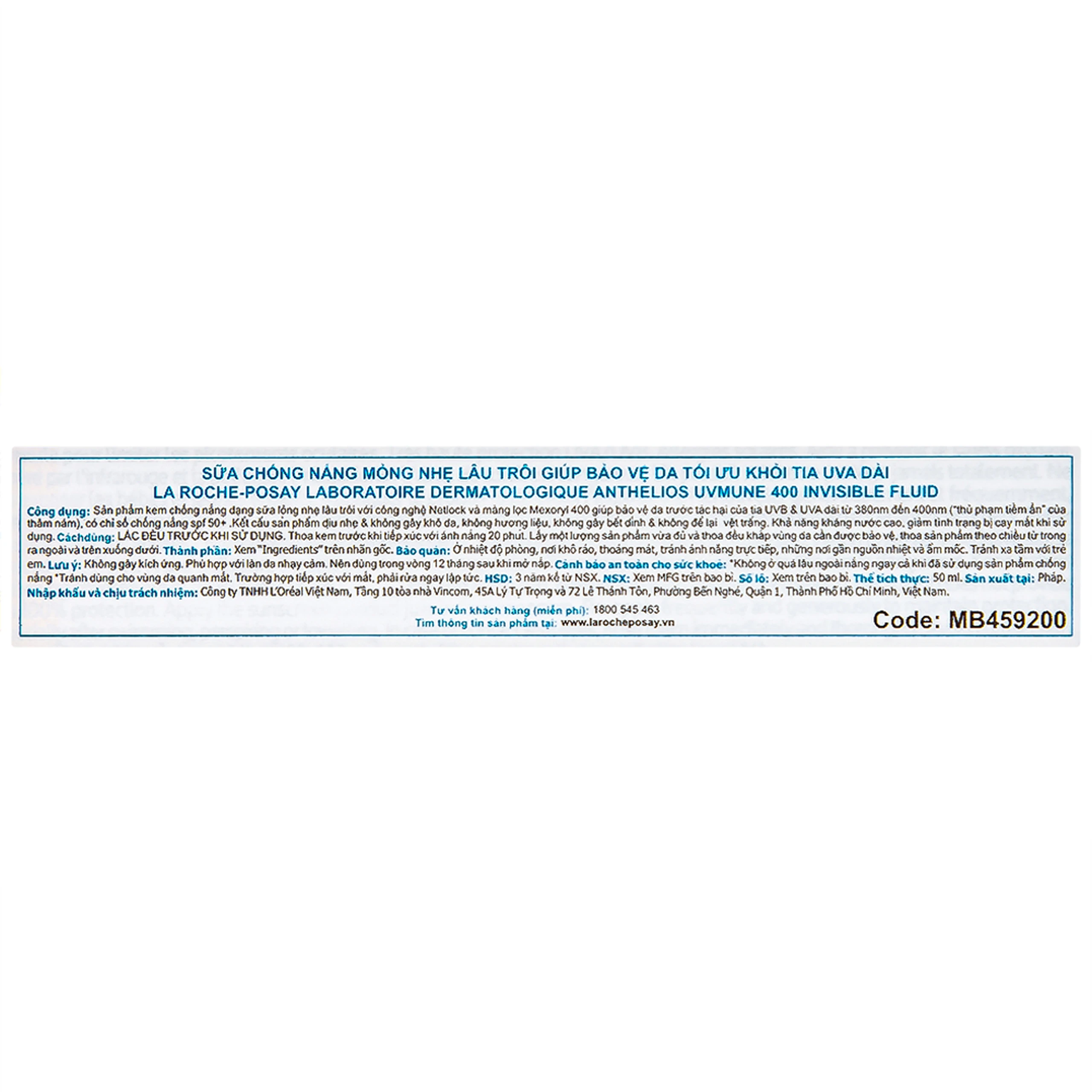 Sữa chống nắng La Roche-posay Laboratoire Dermatologiue Anthelios Uvmune 400 Invisible Fuild SPF50+ PA++++ 50ml
