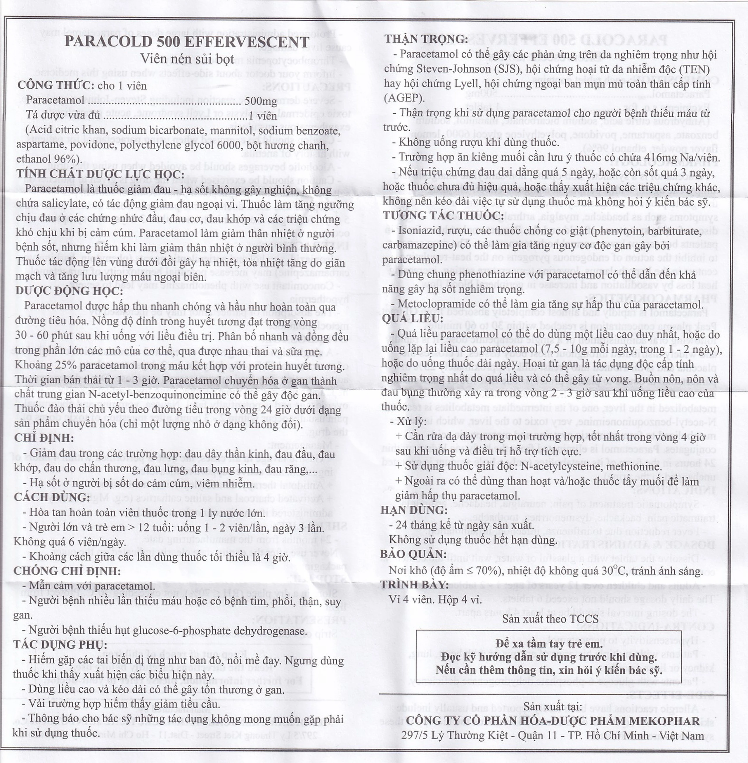 Viên sủi Paracold 500 Effervescent Mekophar giảm đau thần kinh, đau đầu, đau khớp (4 vỉ x 4 viên)