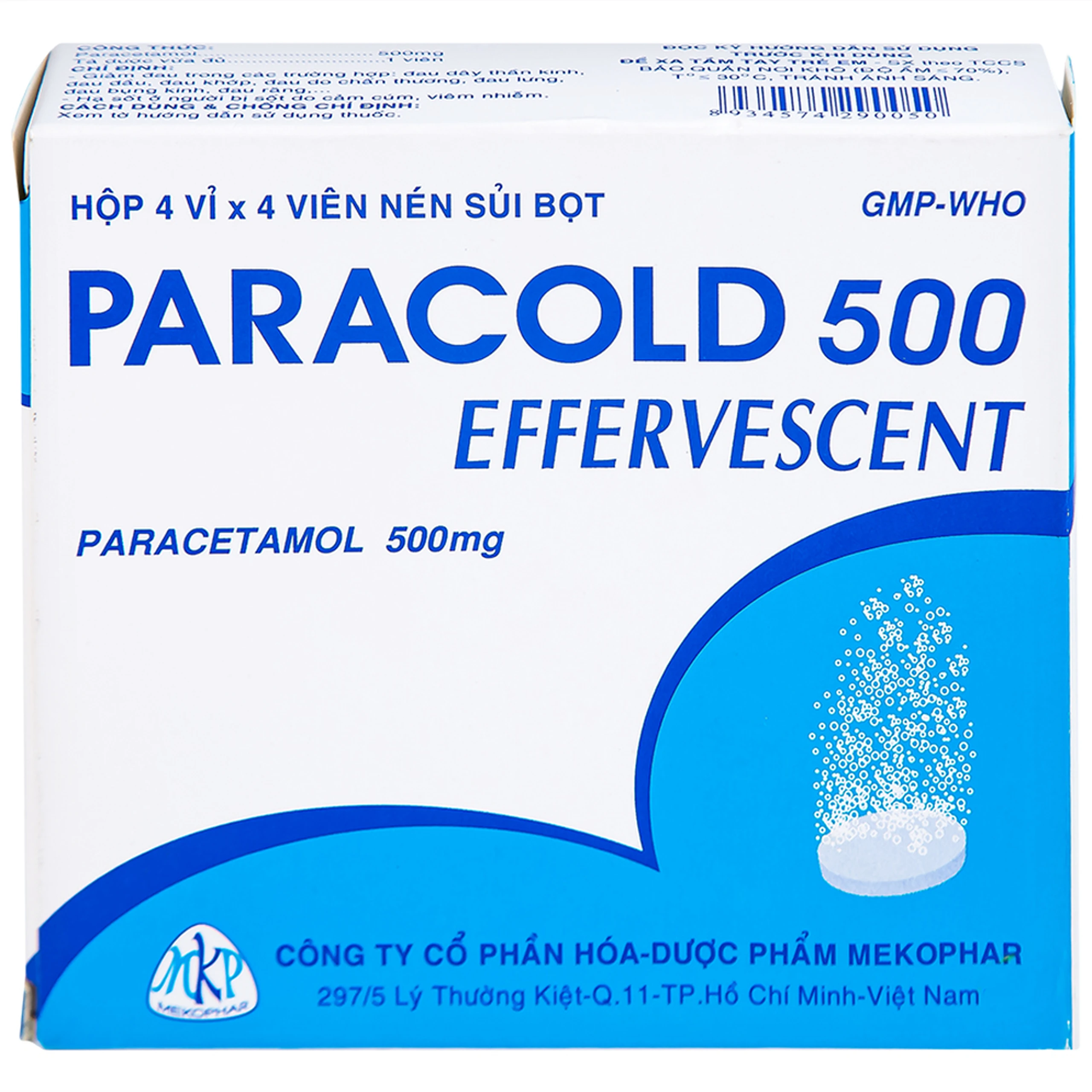 Viên sủi Paracold 500 Effervescent Mekophar giảm đau thần kinh, đau đầu, đau khớp (4 vỉ x 4 viên)