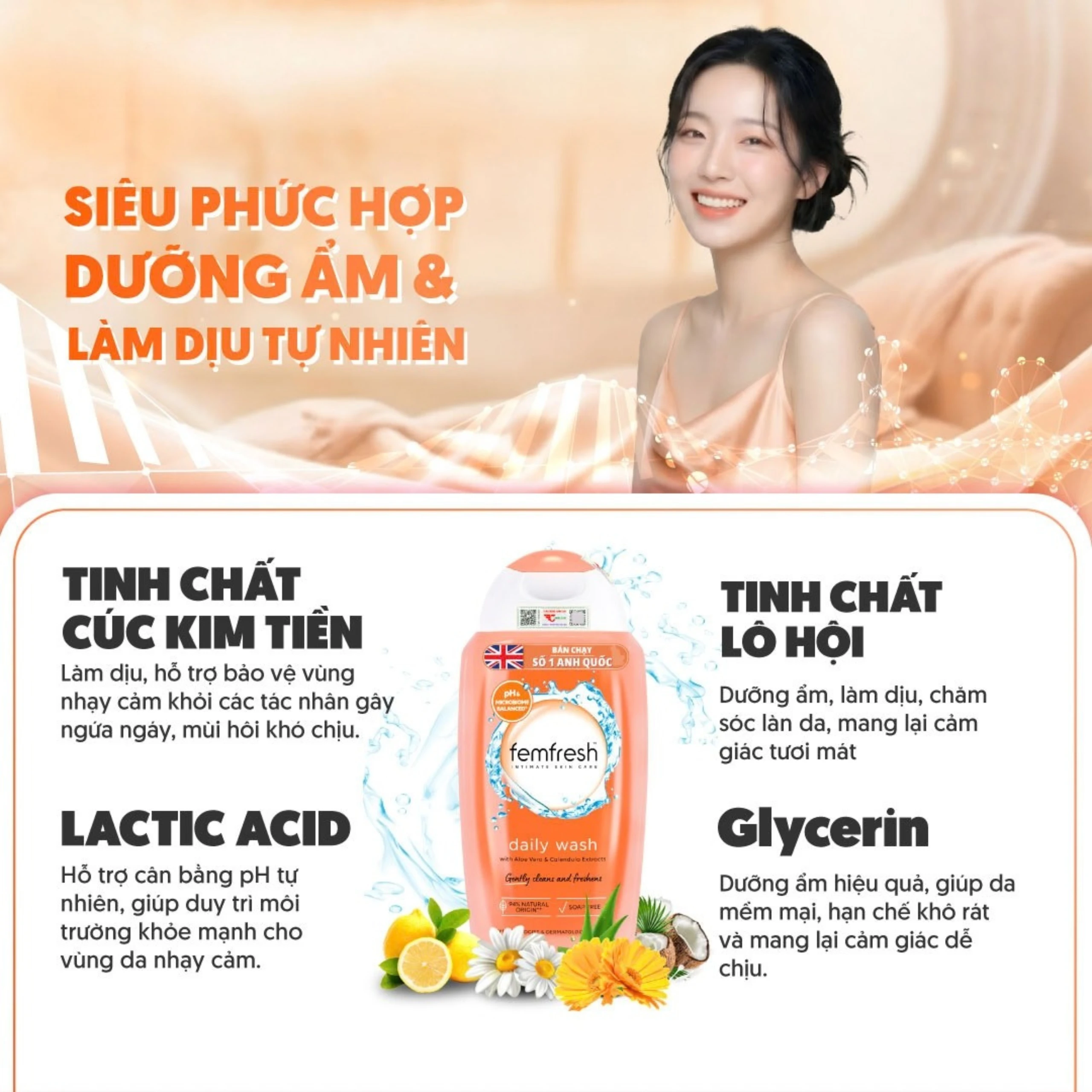 Dung dịch vệ sinh phụ nữ Femfresh Intima Skin Care Daily Wash giúp làm sạch khử khuẩn hàng ngày (250ml) 4