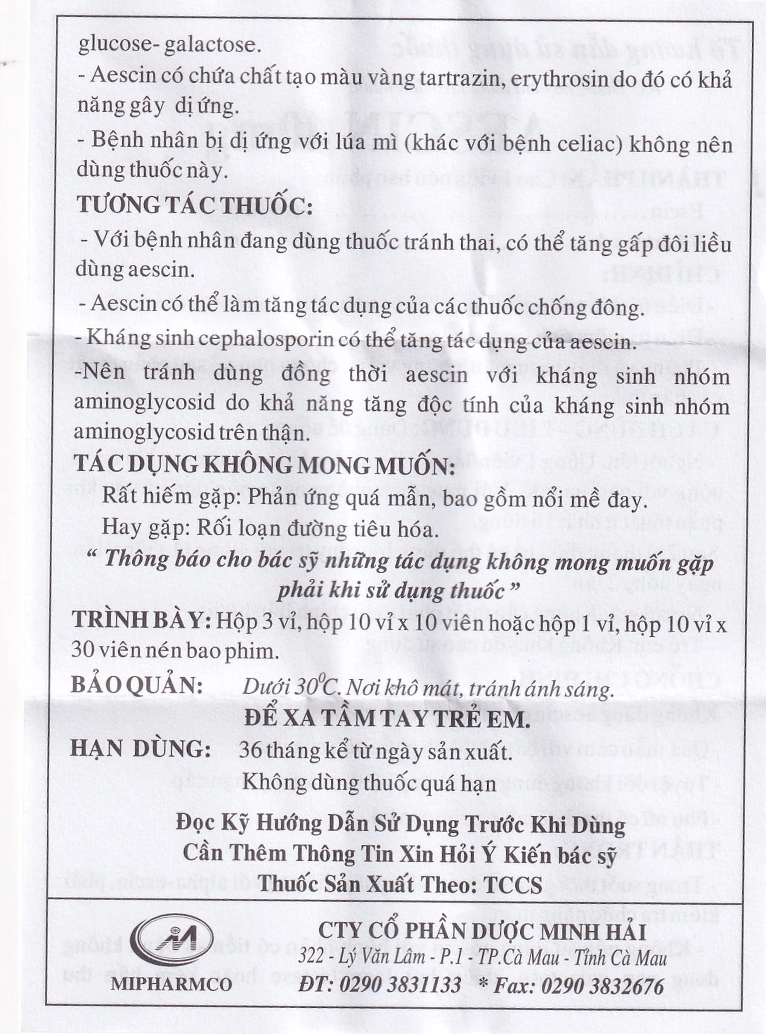 Viên nén Aescin 40mg Minh Hải điều trị thiểu năng tĩnh mạch, tụ máu (3 vỉ x 10 viên)