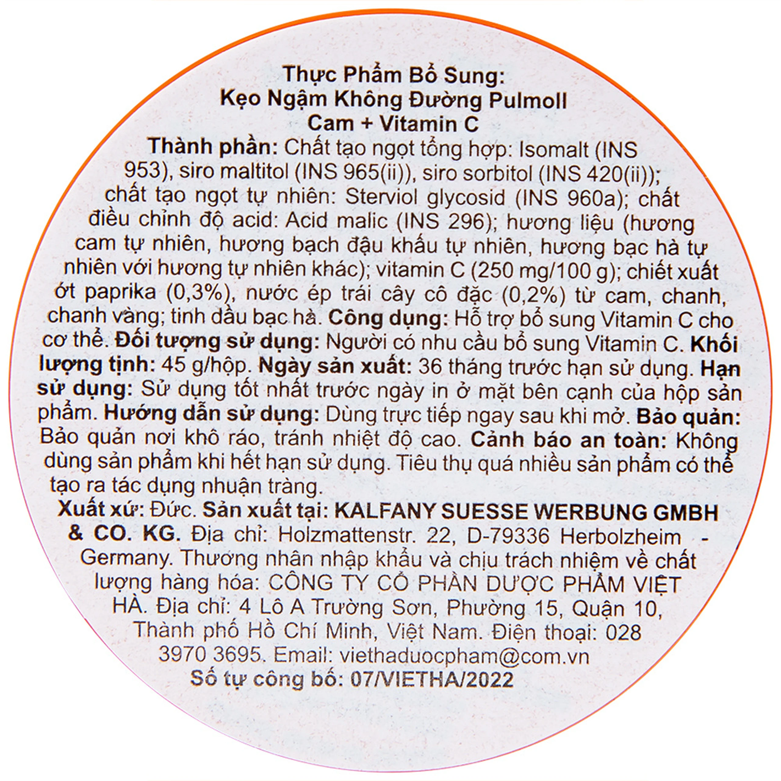 Kẹo Ngậm Không Đường Vị Cam Và Vitamin C Pulmoll (45g)