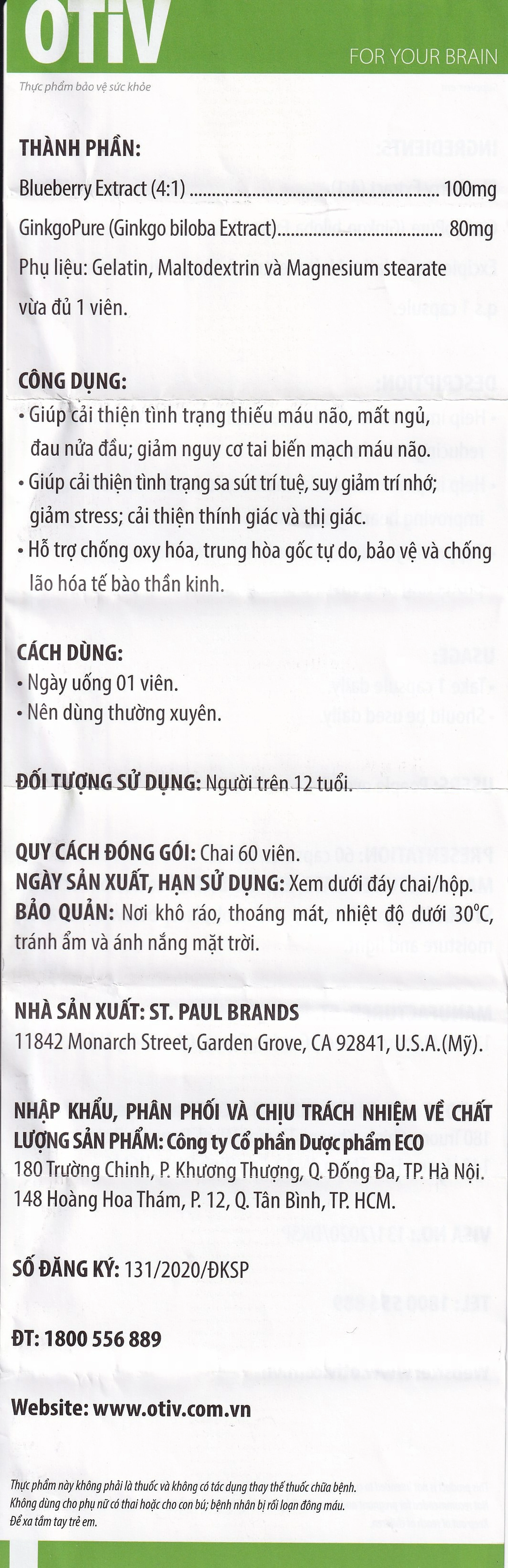 Viên uống giúp tăng cường dưỡng chất cho não Ecogreen OTiV (60 viên)