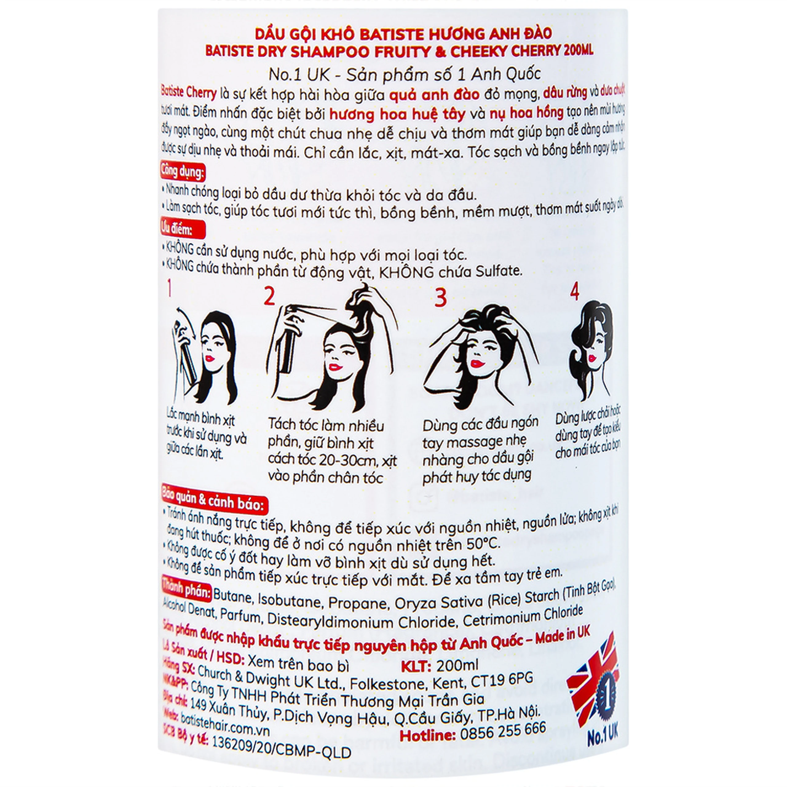 Dầu gội khô Batiste Dry Shampoo Fruity và Cheeky Cherry làm sạch tóc, giảm bết dầu hương cherry (200ml)