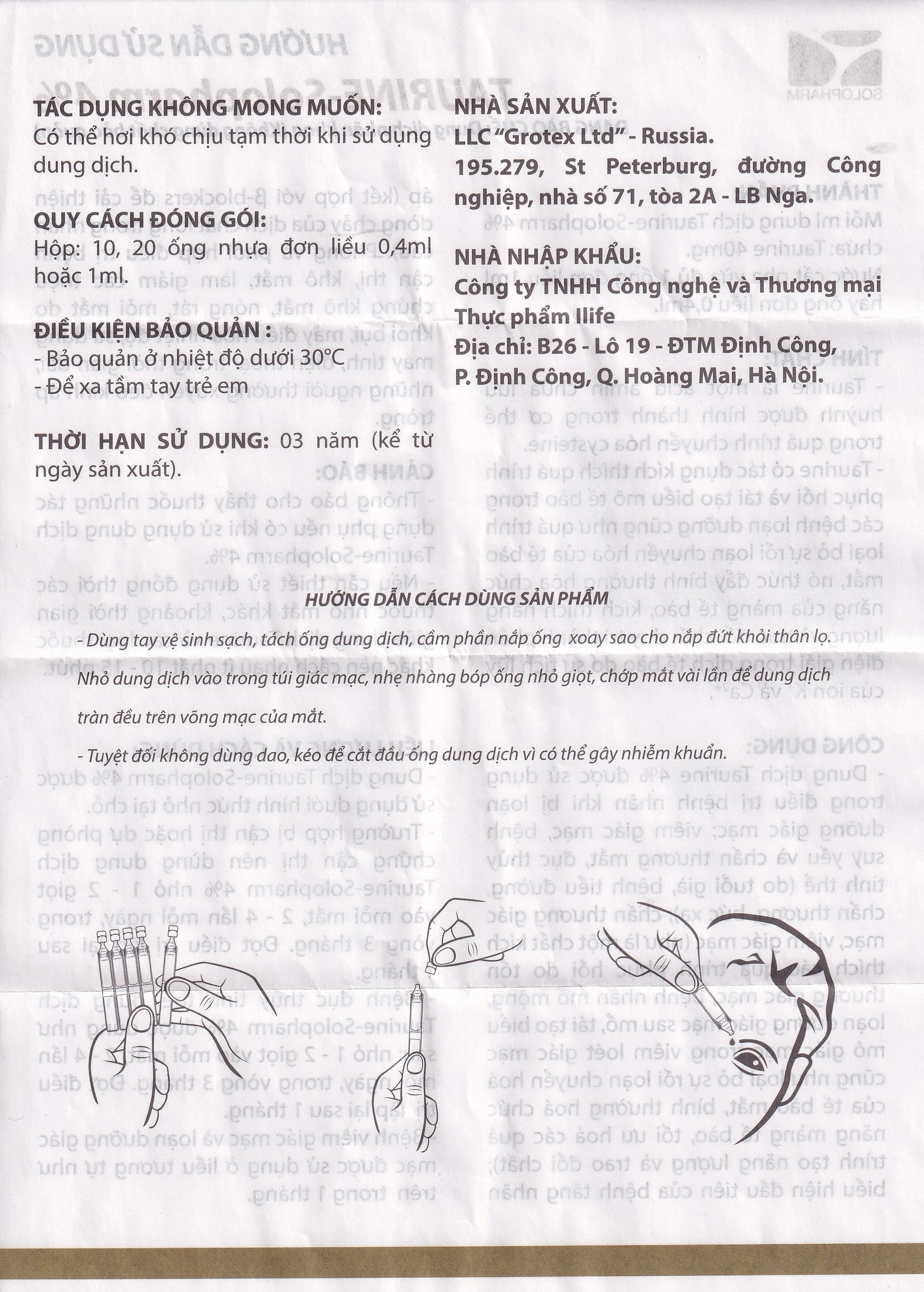 Nhỏ mắt Taurine Solopharm 4% (20 tuýp x 0.4ml) hỗ trợ điều trị loạn dưỡng giác mạc, viêm giác mạc