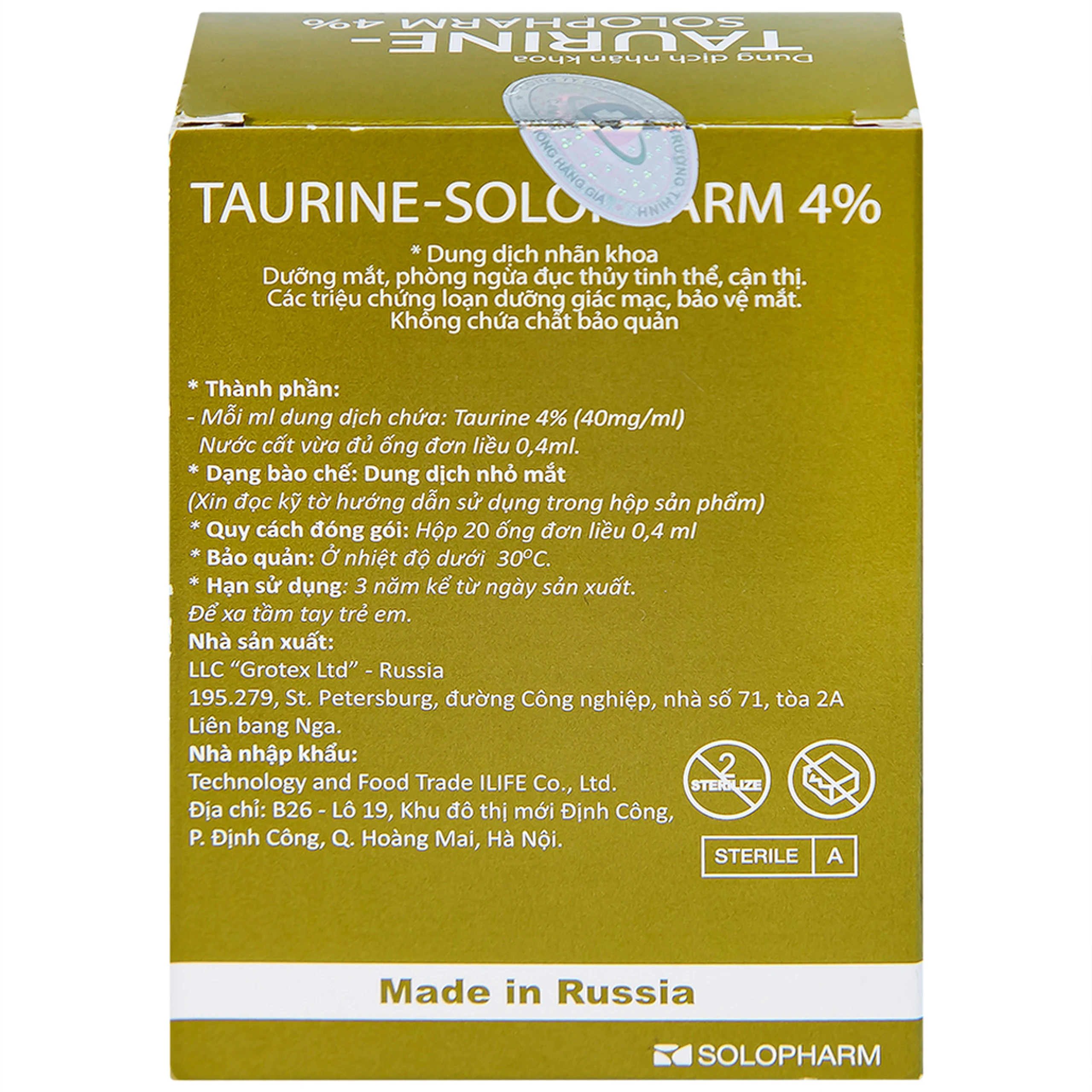 Nhỏ mắt Taurine Solopharm 4% (20 tuýp x 0.4ml) hỗ trợ điều trị loạn dưỡng giác mạc, viêm giác mạc