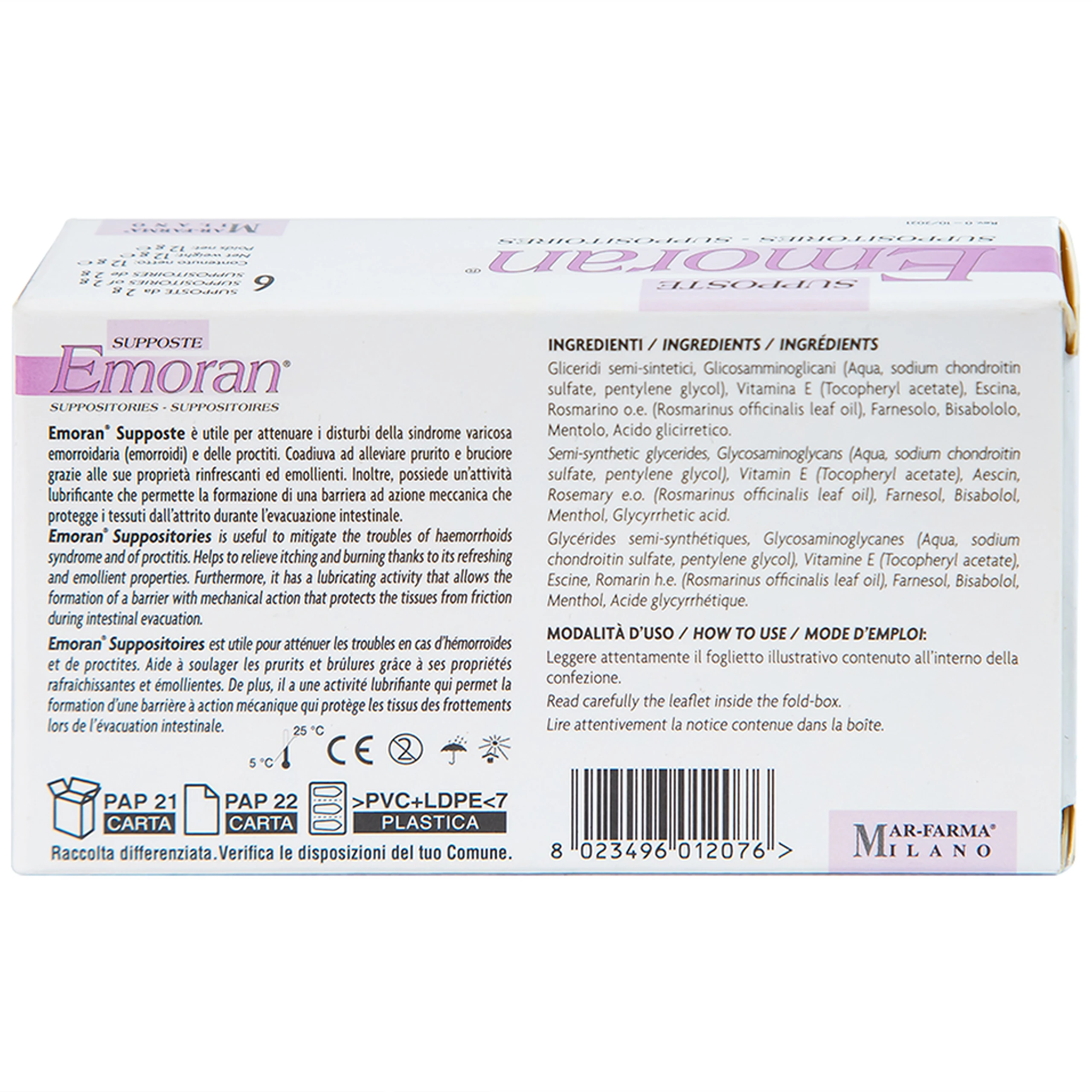 Viên đặt hậu môn Emoran Italy (6 viên) hỗ trợ điều trị trĩ và viêm trực tràng
