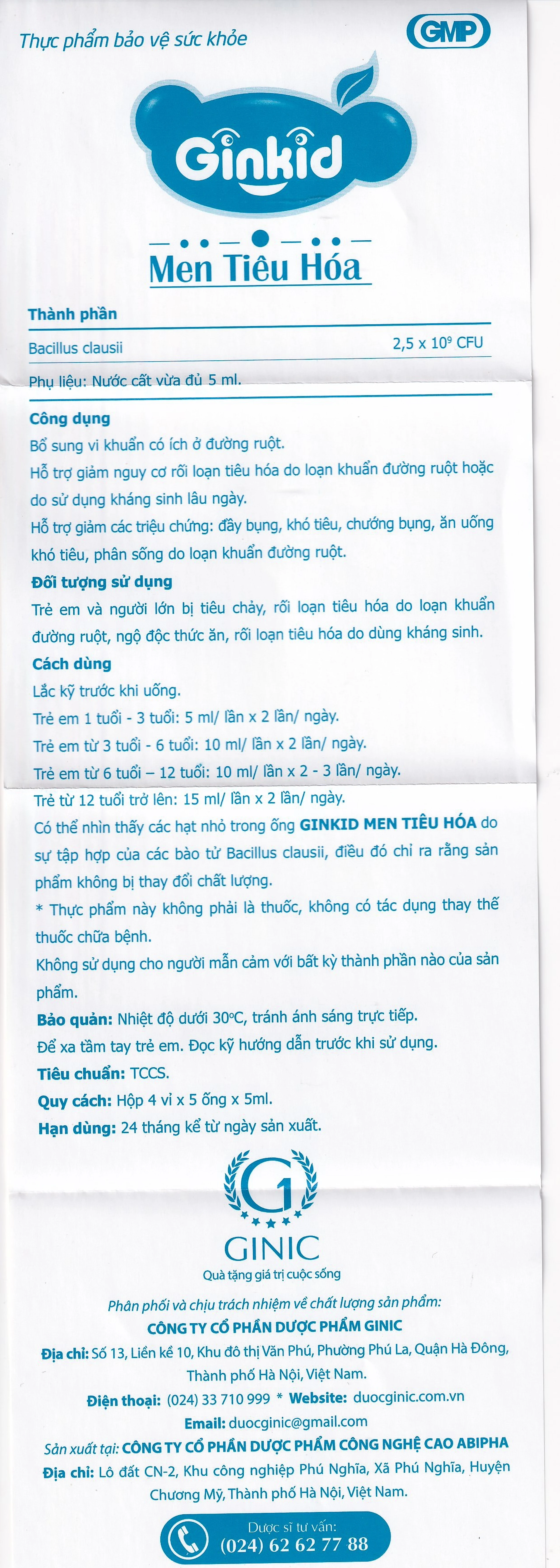 Men Tiêu Hoá Ginkid bổ sung lợi khuẩn, giảm đầy bụng, khó tiêu, chướng bụng (4 vỉ x 5 ống x 5ml)