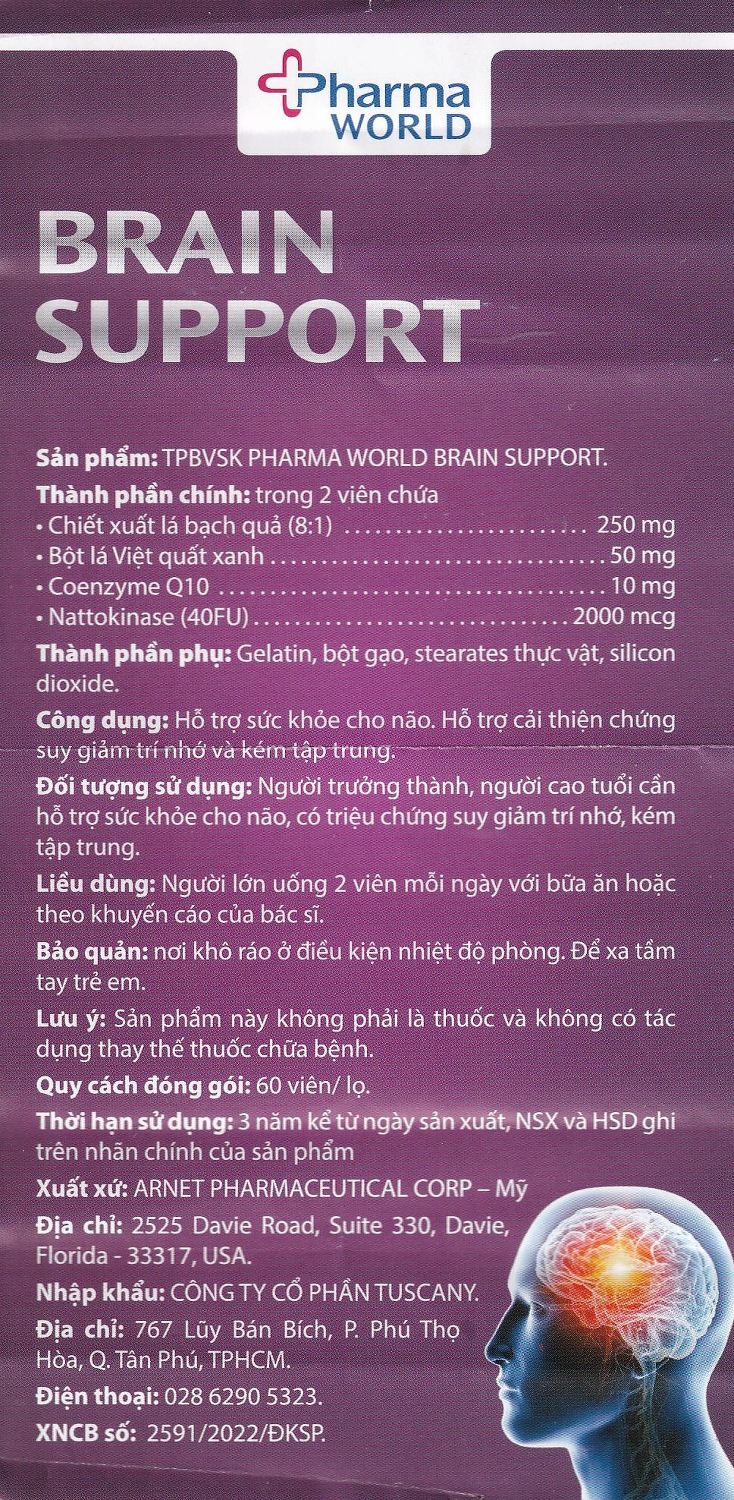 Viên uống bổ não, hỗ trợ cải thiện suy giảm trí nhớ Brain Support Pharma World (60 viên)