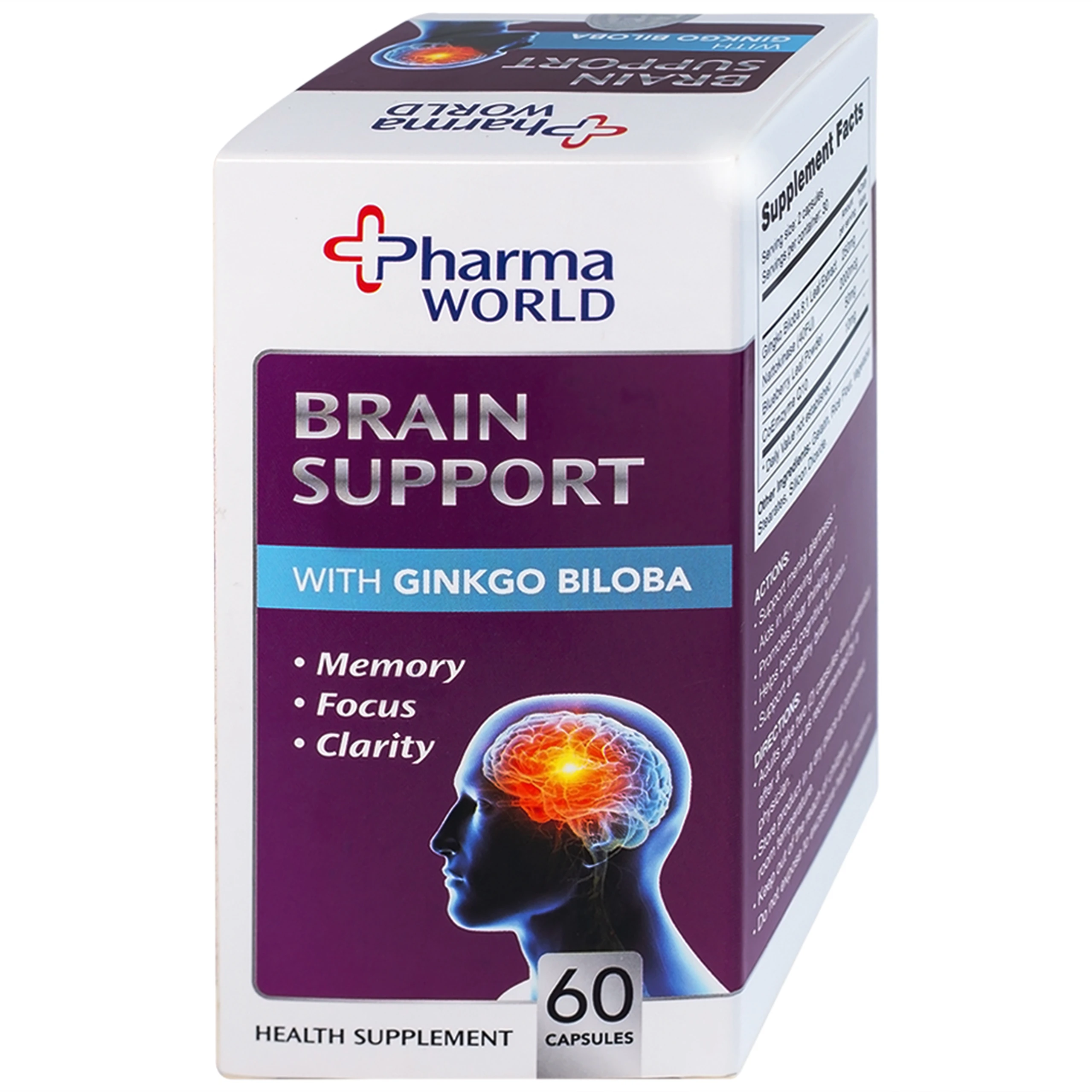 Viên uống bổ não, hỗ trợ cải thiện suy giảm trí nhớ Brain Support Pharma World (60 viên)