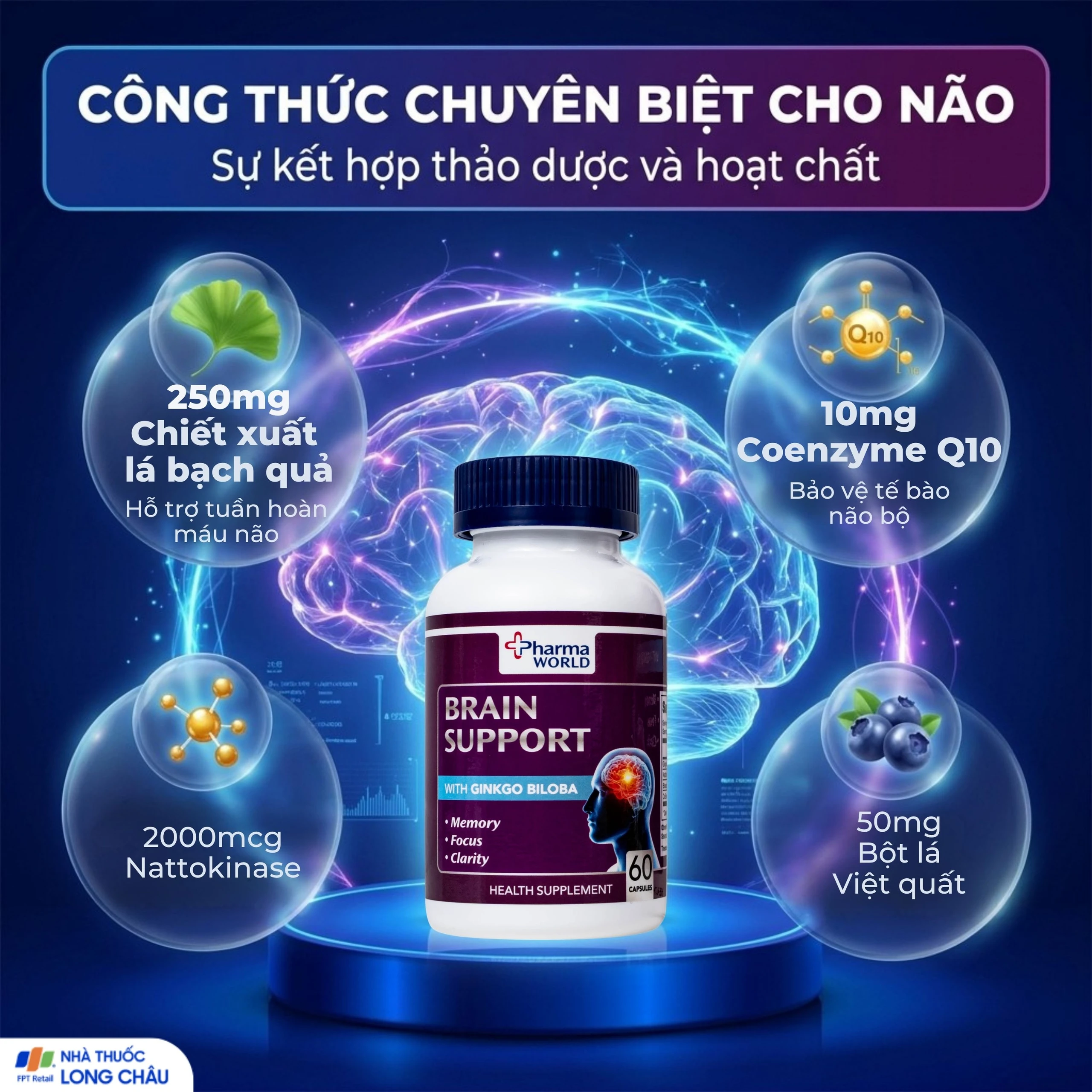 Viên uống bổ não, hỗ trợ cải thiện suy giảm trí nhớ Brain Support Pharma World (60 viên) 3