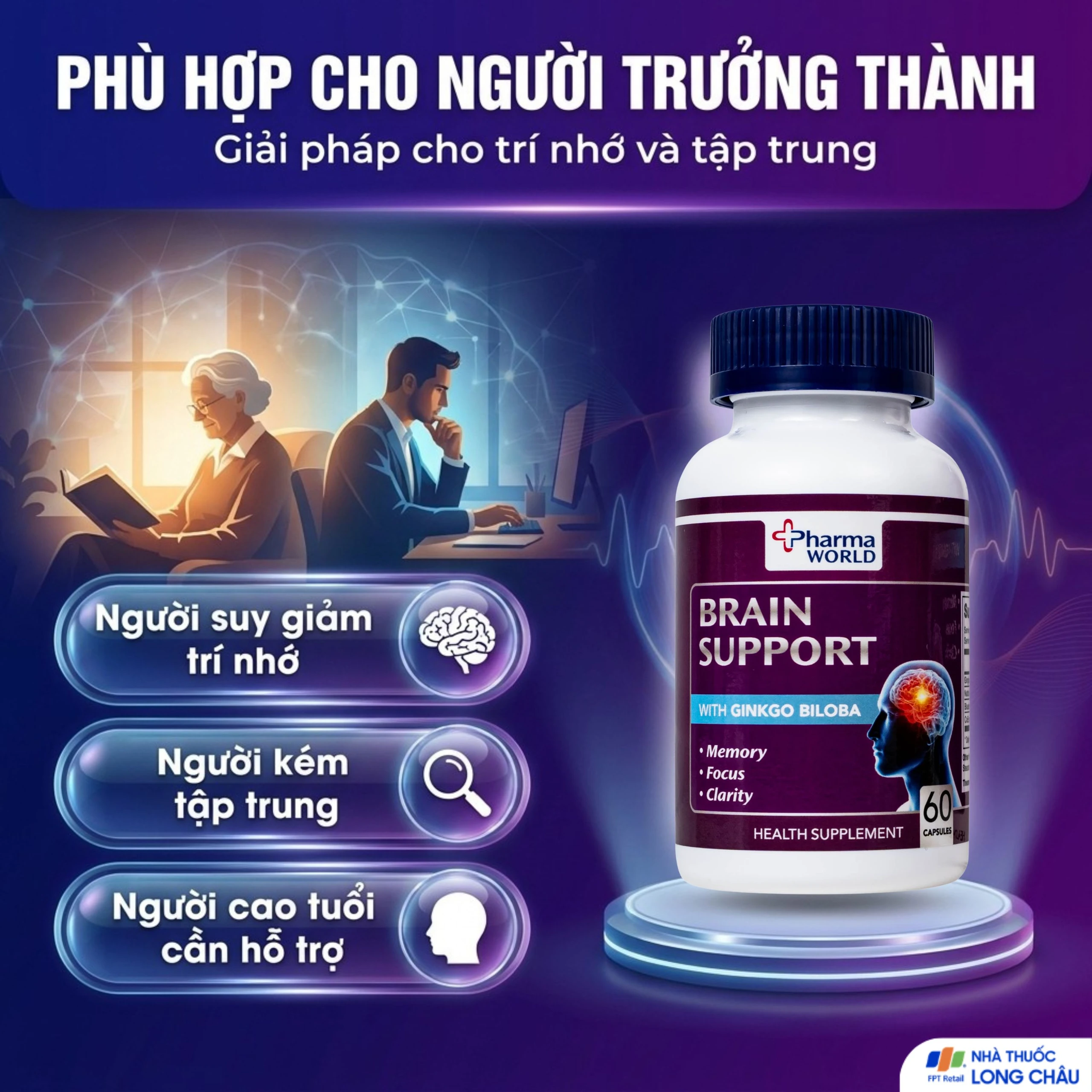 Viên uống bổ não, hỗ trợ cải thiện suy giảm trí nhớ Brain Support Pharma World (60 viên) 4