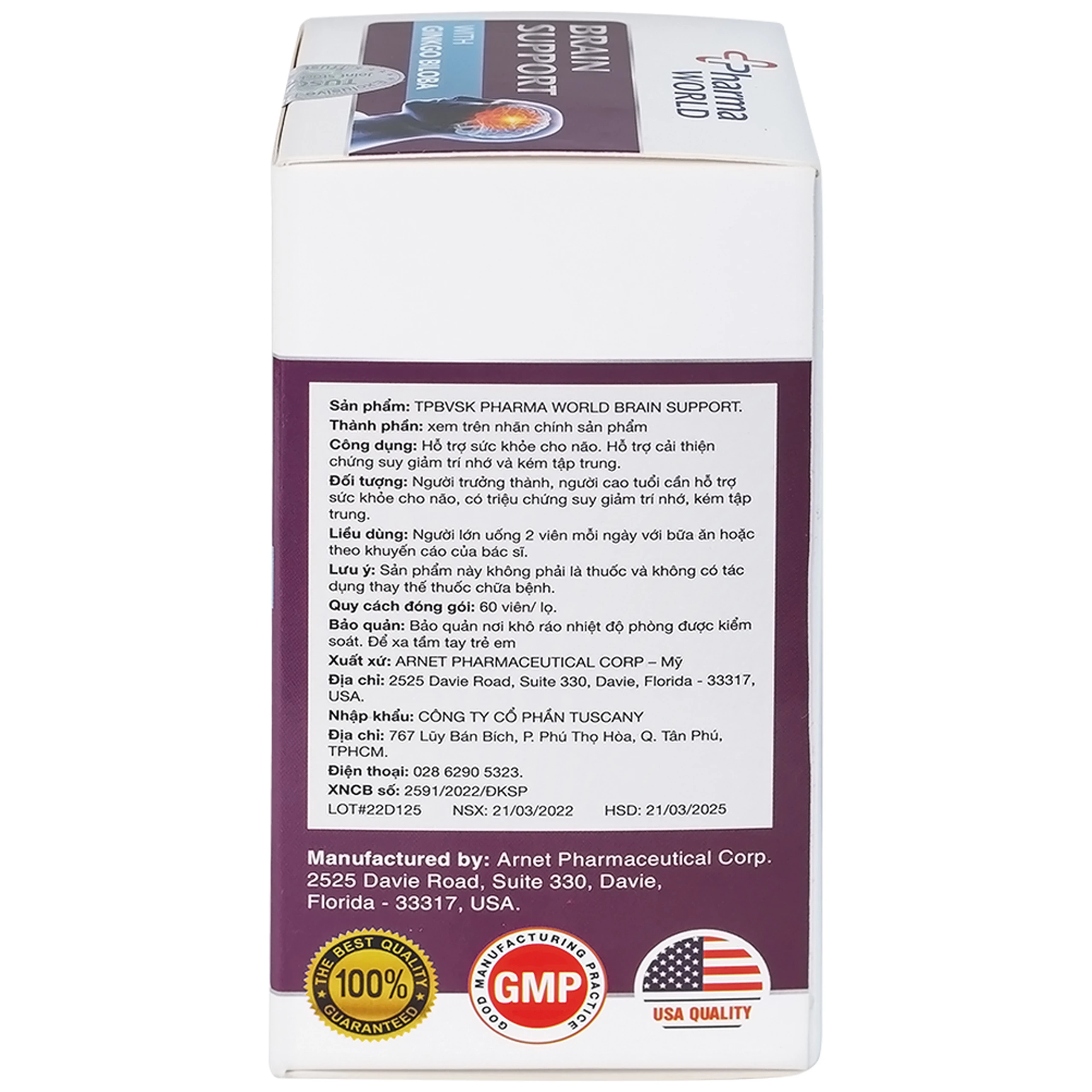 Viên uống bổ não, hỗ trợ cải thiện suy giảm trí nhớ Brain Support Pharma World (60 viên)