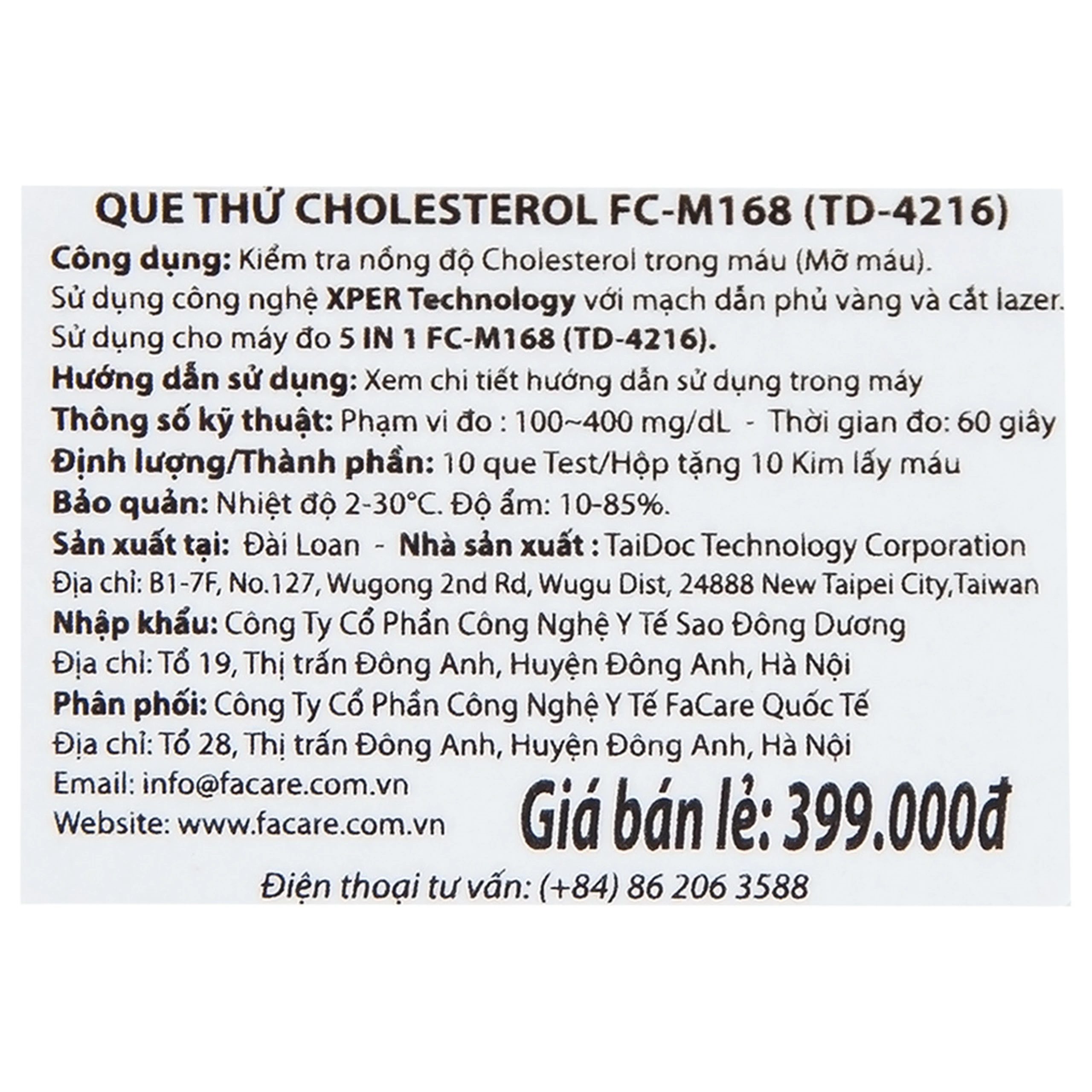 Que thử Cholesterols Facare (model: FCM168) (10 que)