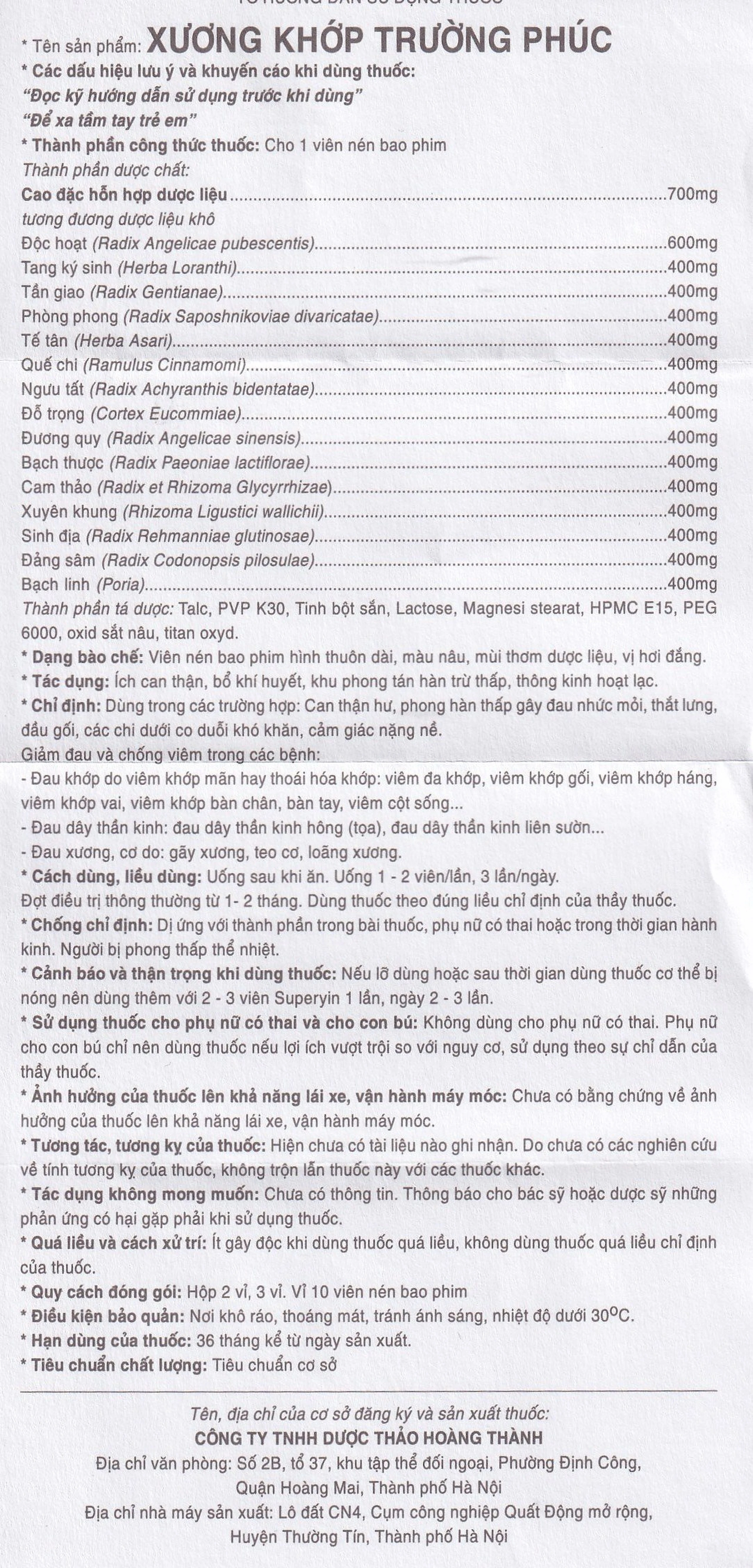 Thuốc Xương Khớp Trường Phúc điều trị các bệnh lý cơ xương khớp và đau dây thần kinh (2 vỉ x 10 viên)