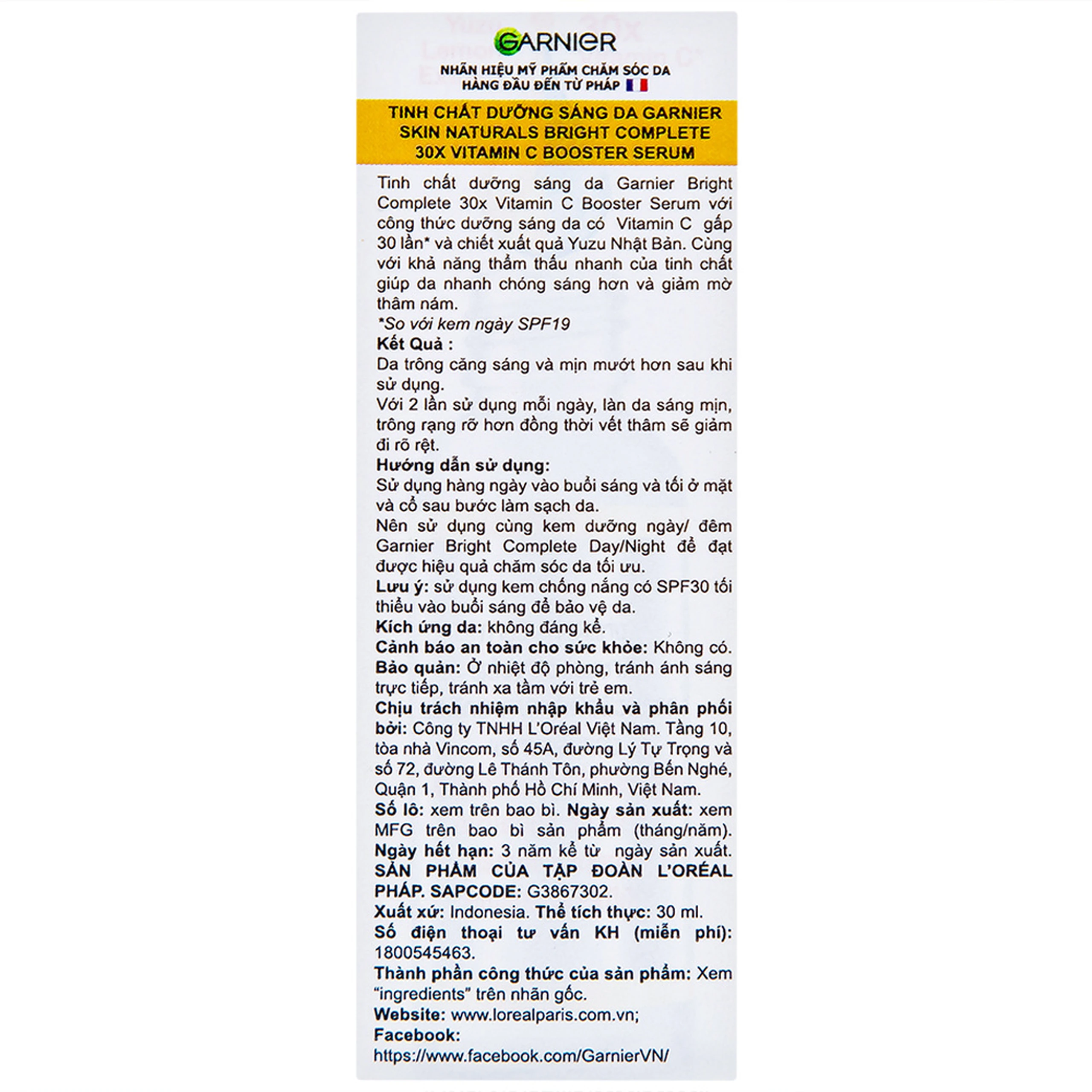 Tinh chất dưỡng sáng da, mờ thâm Garnier Skin Naturals Bright Complete 30x Vitamin C Booster Serum 30ml