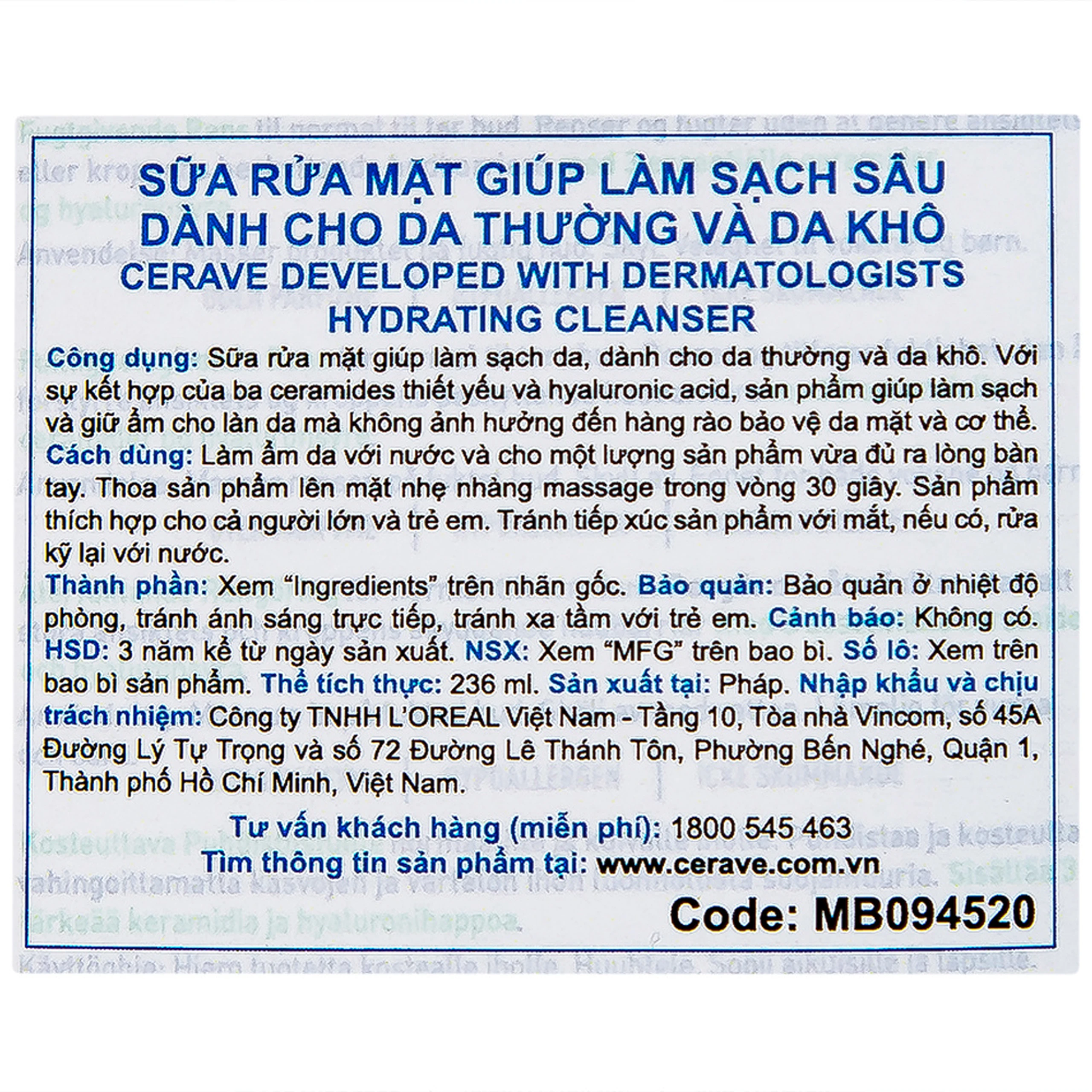 Sữa rửa mặt cho da thường và khô Cerave Hydrating Cleanser 236ml