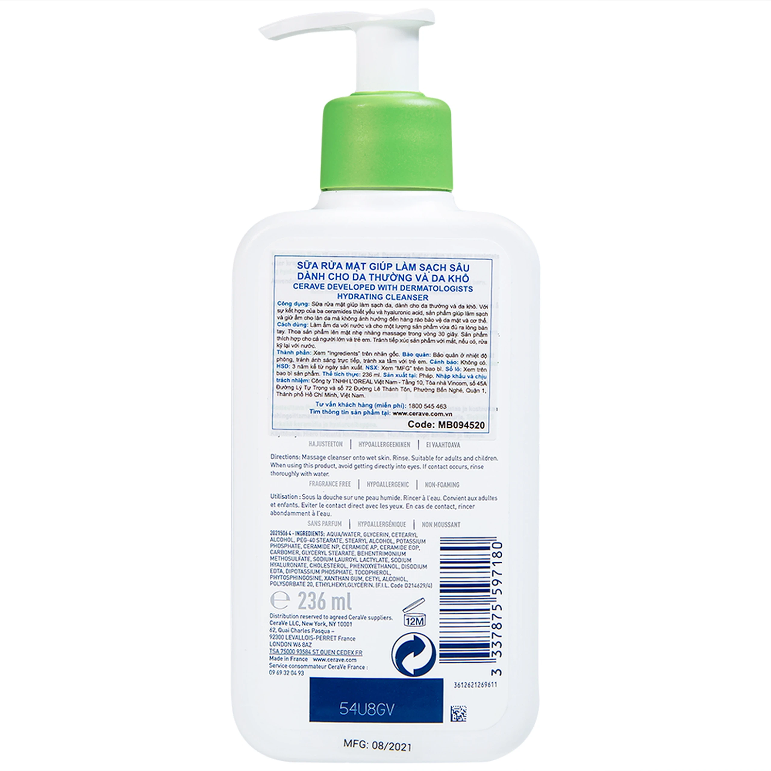 Sữa rửa mặt cho da thường và khô Cerave Hydrating Cleanser 236ml