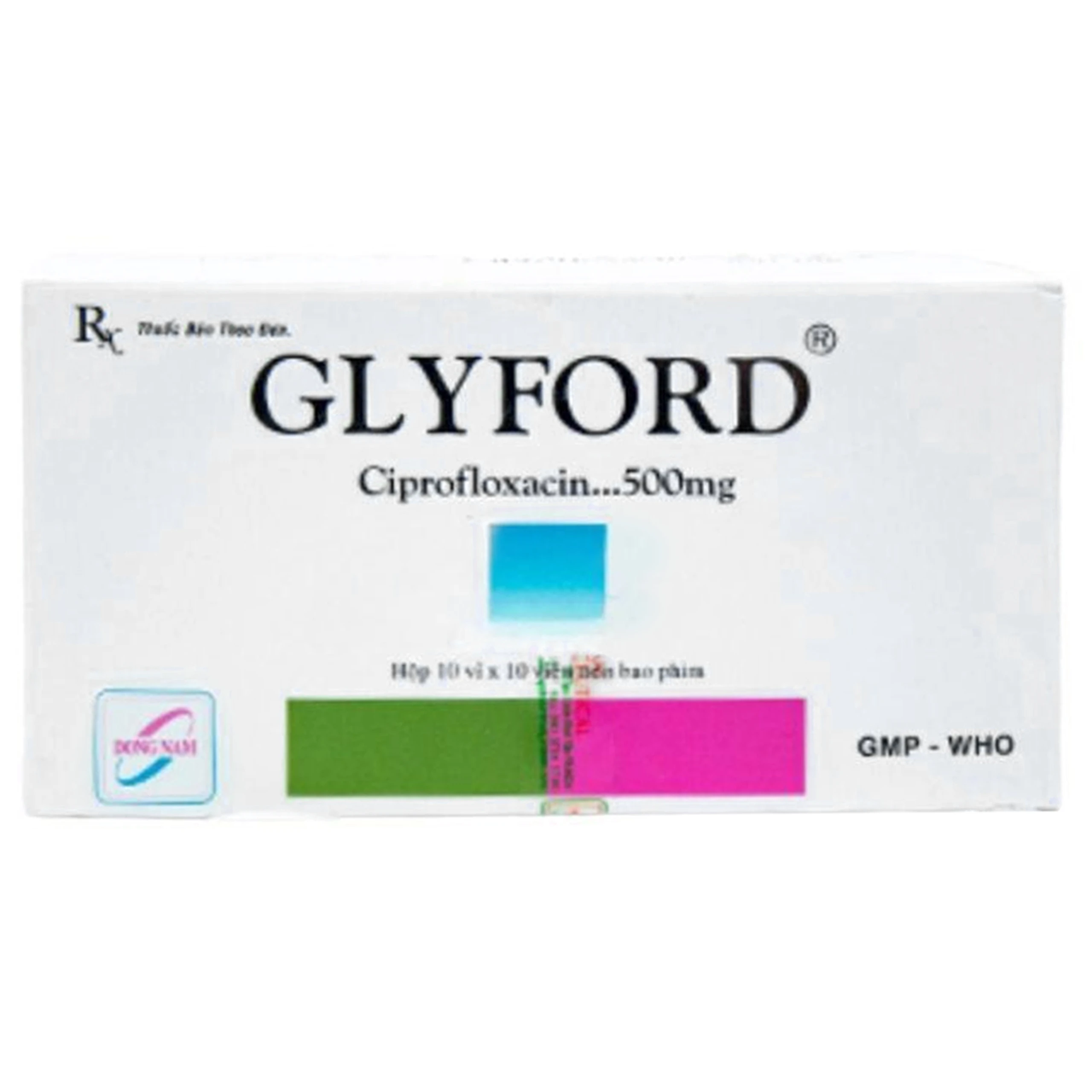 Thuốc Glyford 500mg Đông Nam dùng cho nhiễm trùng đường hô hấp dưới do vi khuẩn Gram âm (10 vỉ x 10 viên)