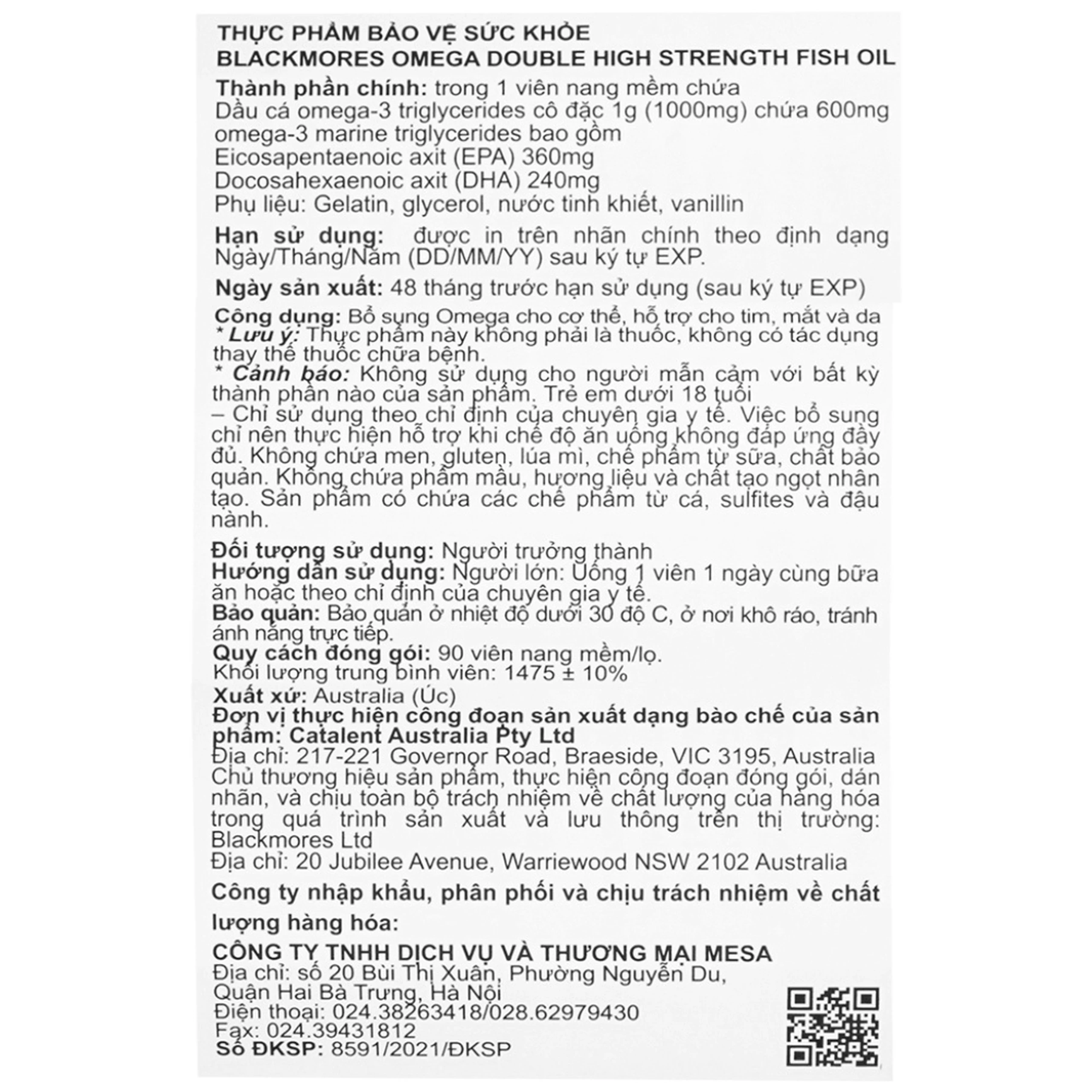 Viên hỗ trợ cho tim, mắt và da Blackmores Omega Double High Strength Fish Oil (90 viên)