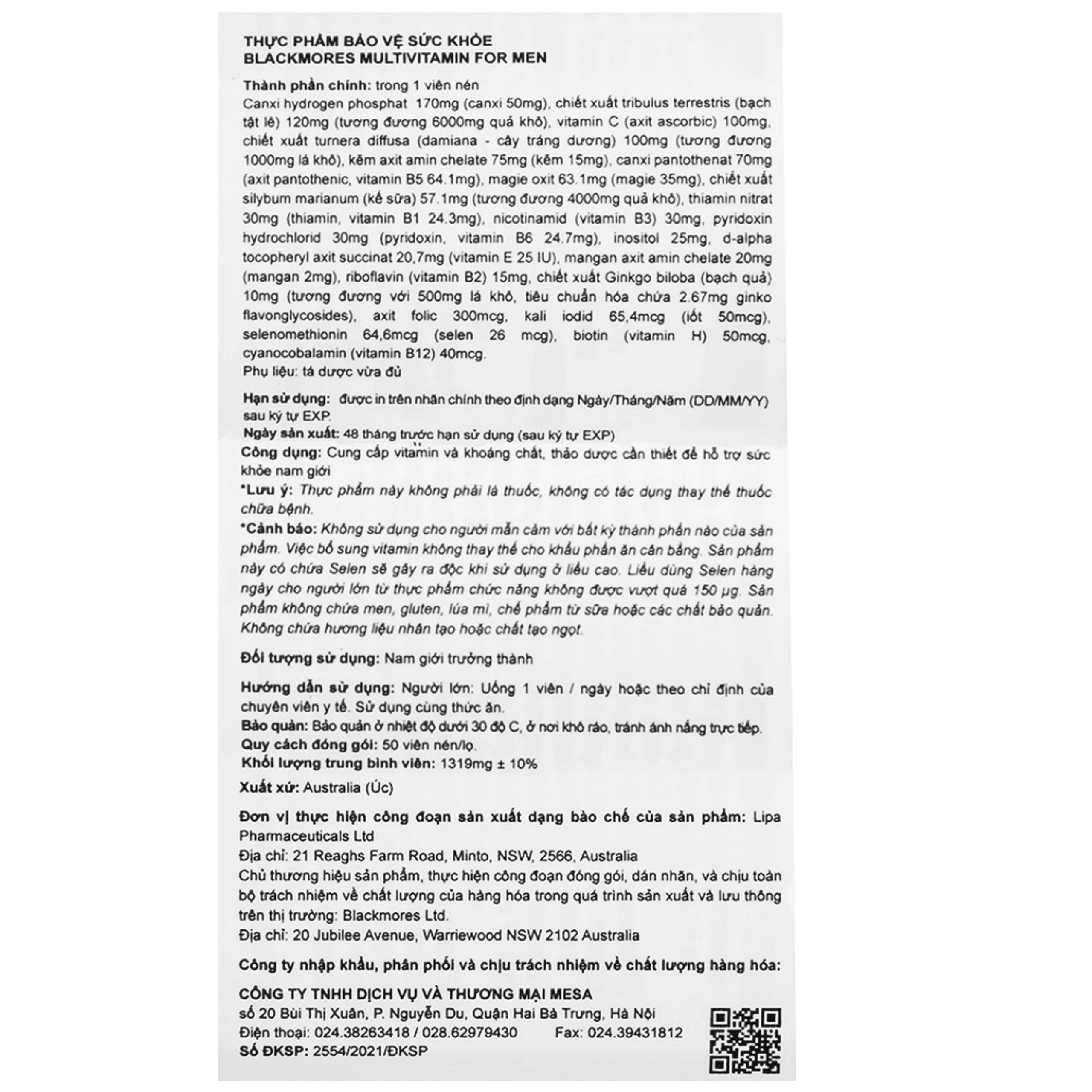 Viên hỗ trợ sức khỏe nam giới Blackmores Multivitamin For Men (50 viên)