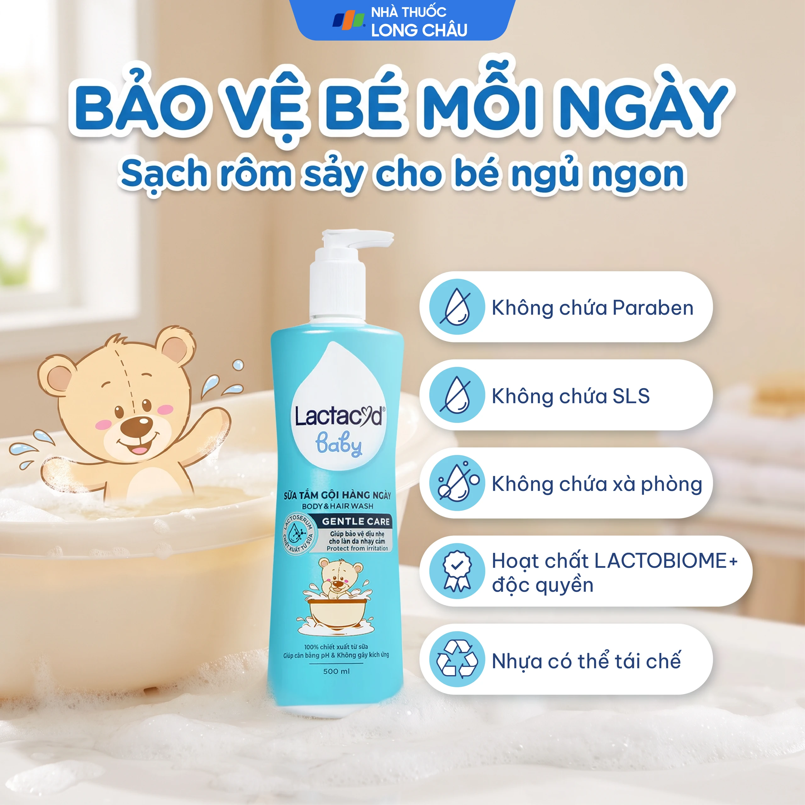 Sữa tắm gội cho bé Lactacyd Baby Body Và Hair Wash Gentle Care 500ml 6