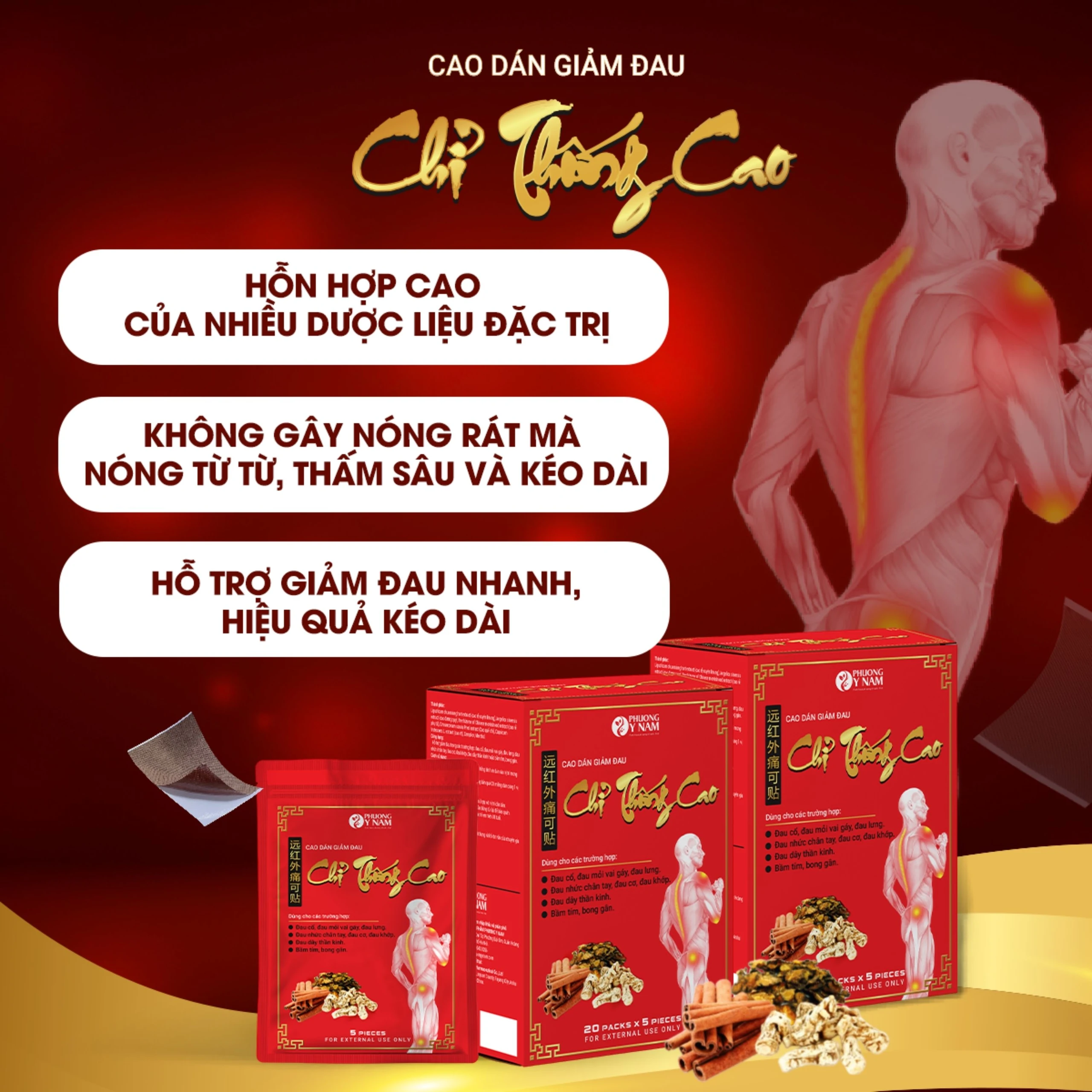 Cao dán giảm đau Chỉ Thống Cao (20 gói) giúp giảm đau cổ, đau mỏi vai gáy, đau lưng 