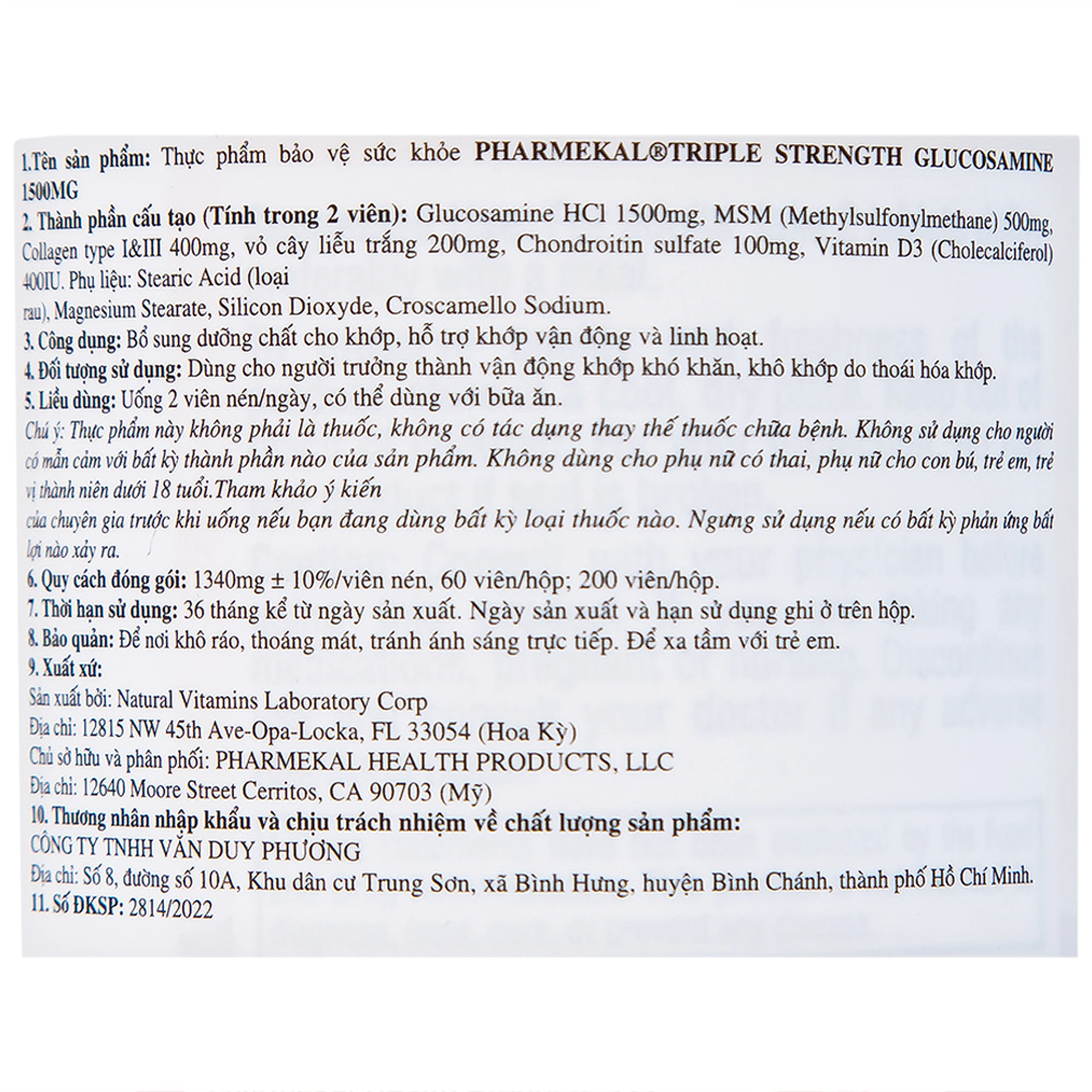 Viên uống bổ sung dưỡng chất cho khớp Triple Strength Glucosamine 1500mg Pharmekal (60 viên)