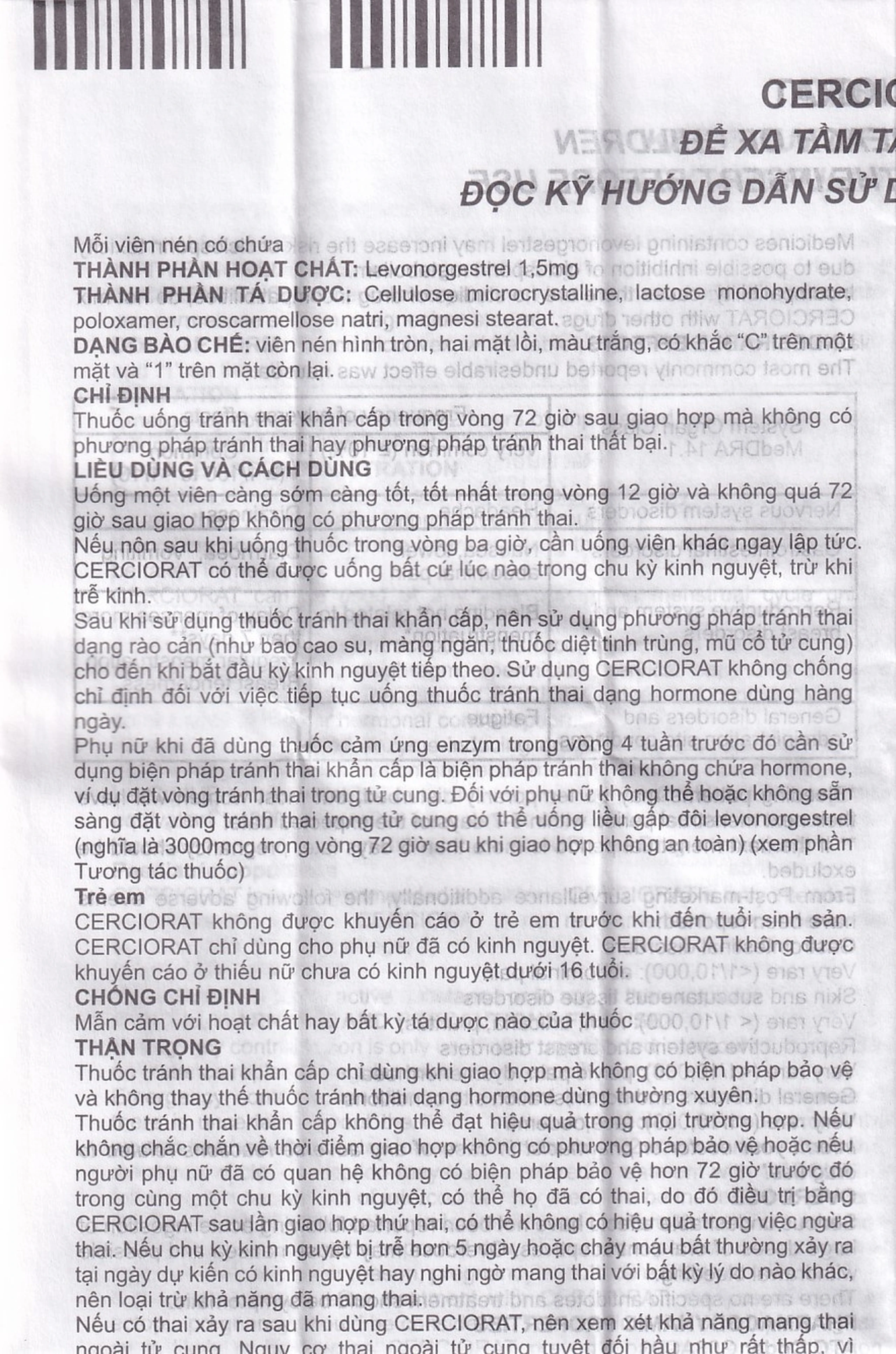 Thuốc tránh thai khẩn cấp Cerciorat 1.5mg Exeltis (1 viên)