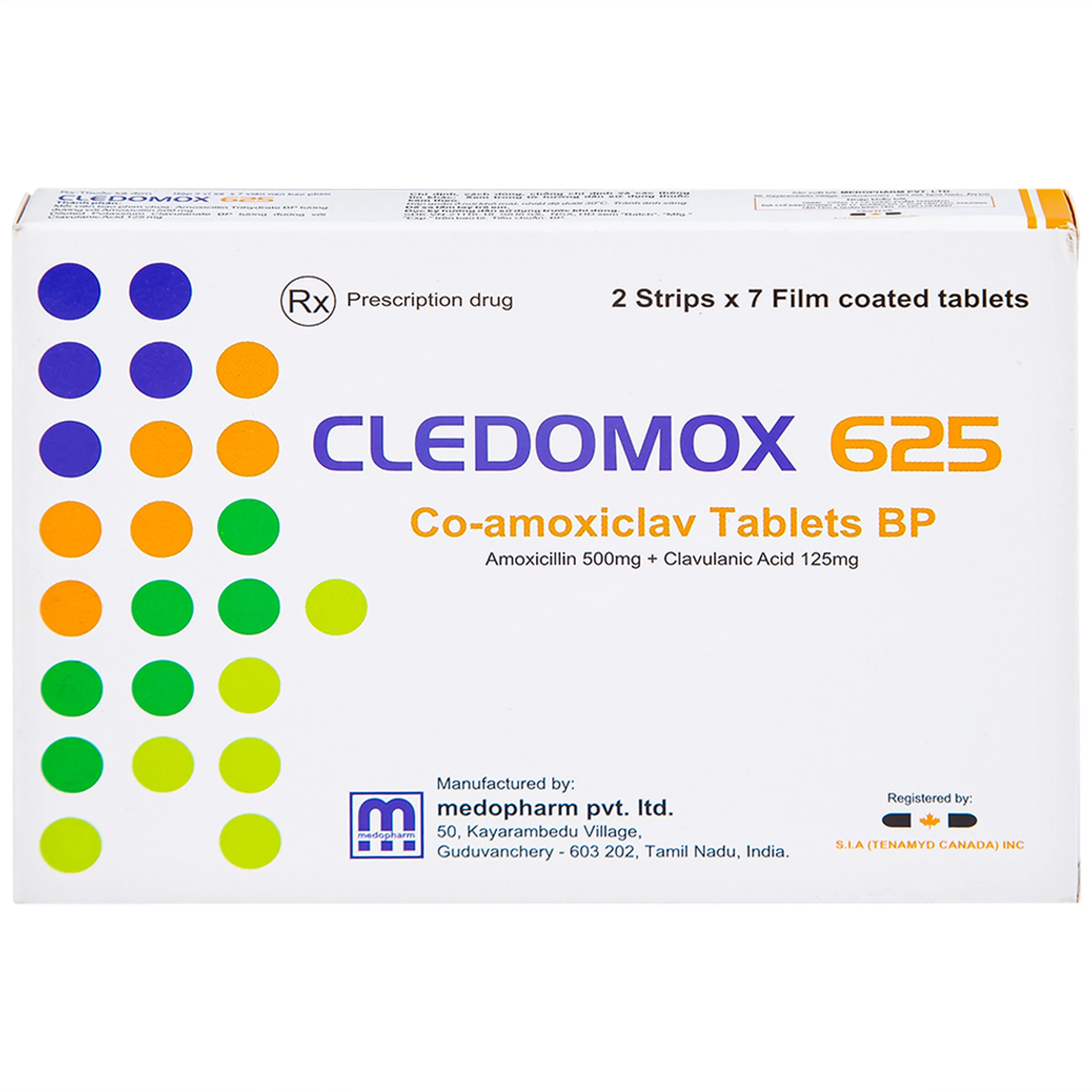 Thuốc Cledomox 625 Tenamyd điều trị các trường hợp nhiễm khuẩn (2 vỉ x 7 viên)