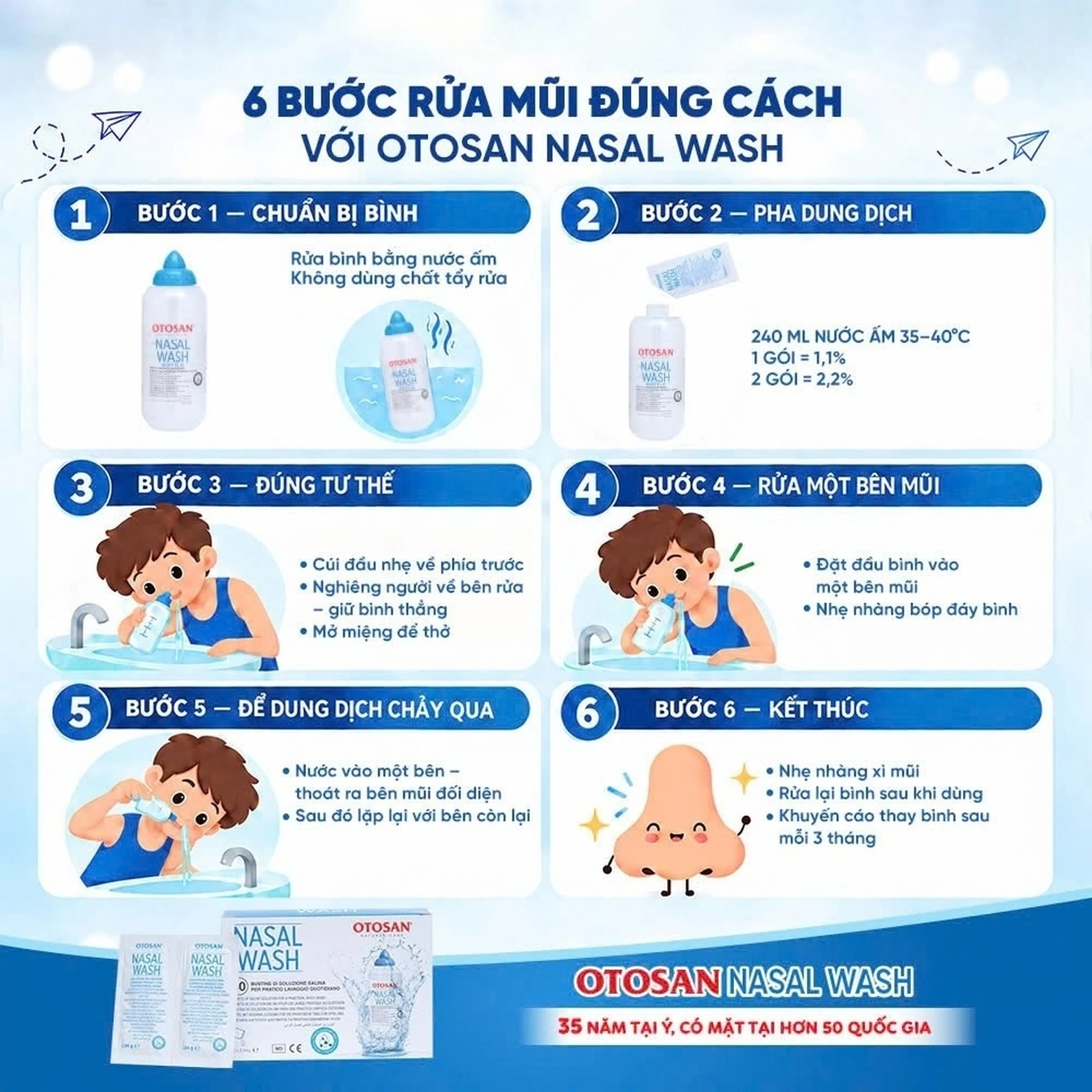 Bộ rửa mũi Otosan Nasal Wash (gồm Bình + 30 gói) làm sạch sâu, ngừa viêm xoang, viêm mũi 7