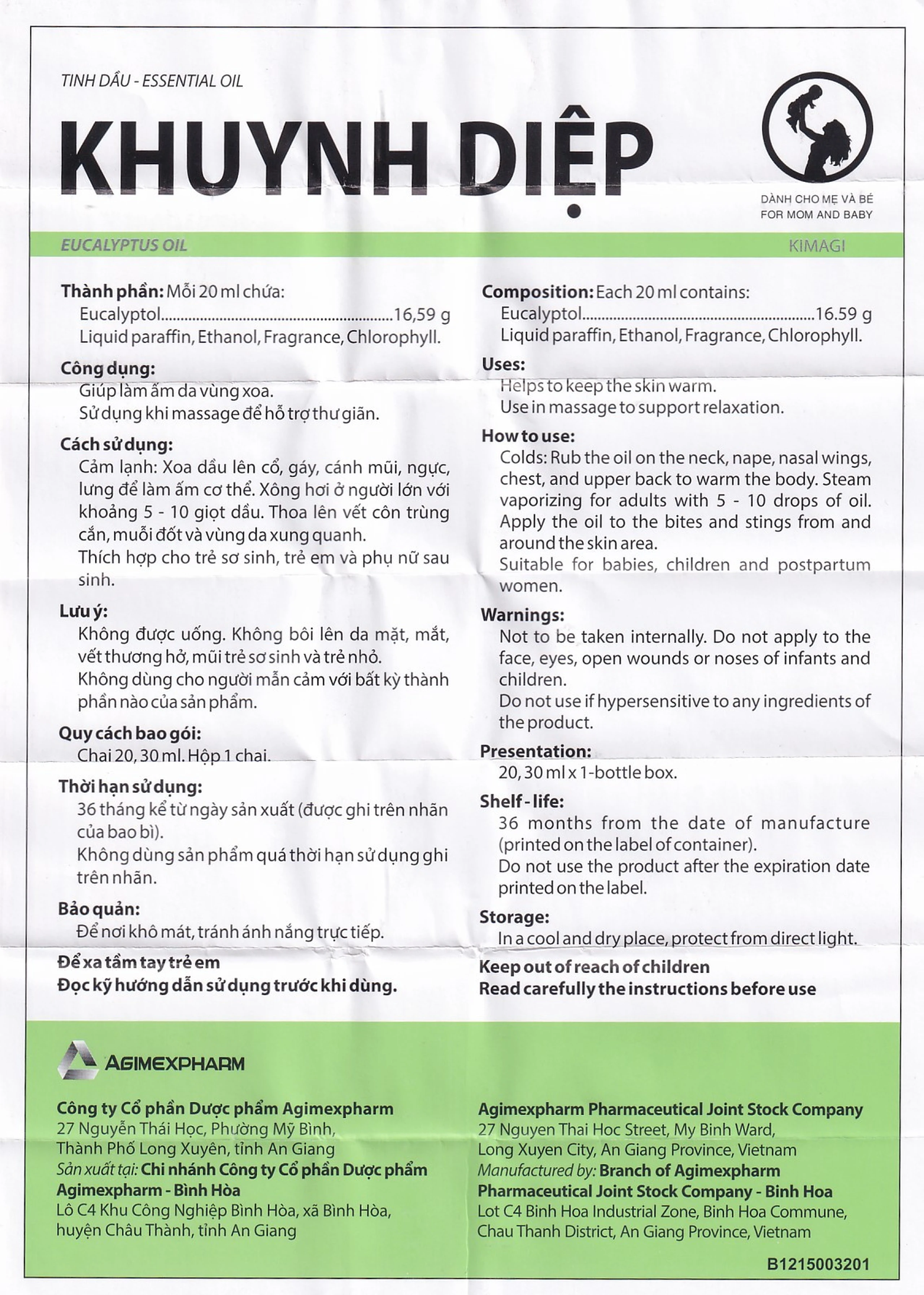 Dầu khuynh diệp Eucalyptus Oil Agimexpharm giúp giữ ấm dành cho mẹ và bé (30ml)