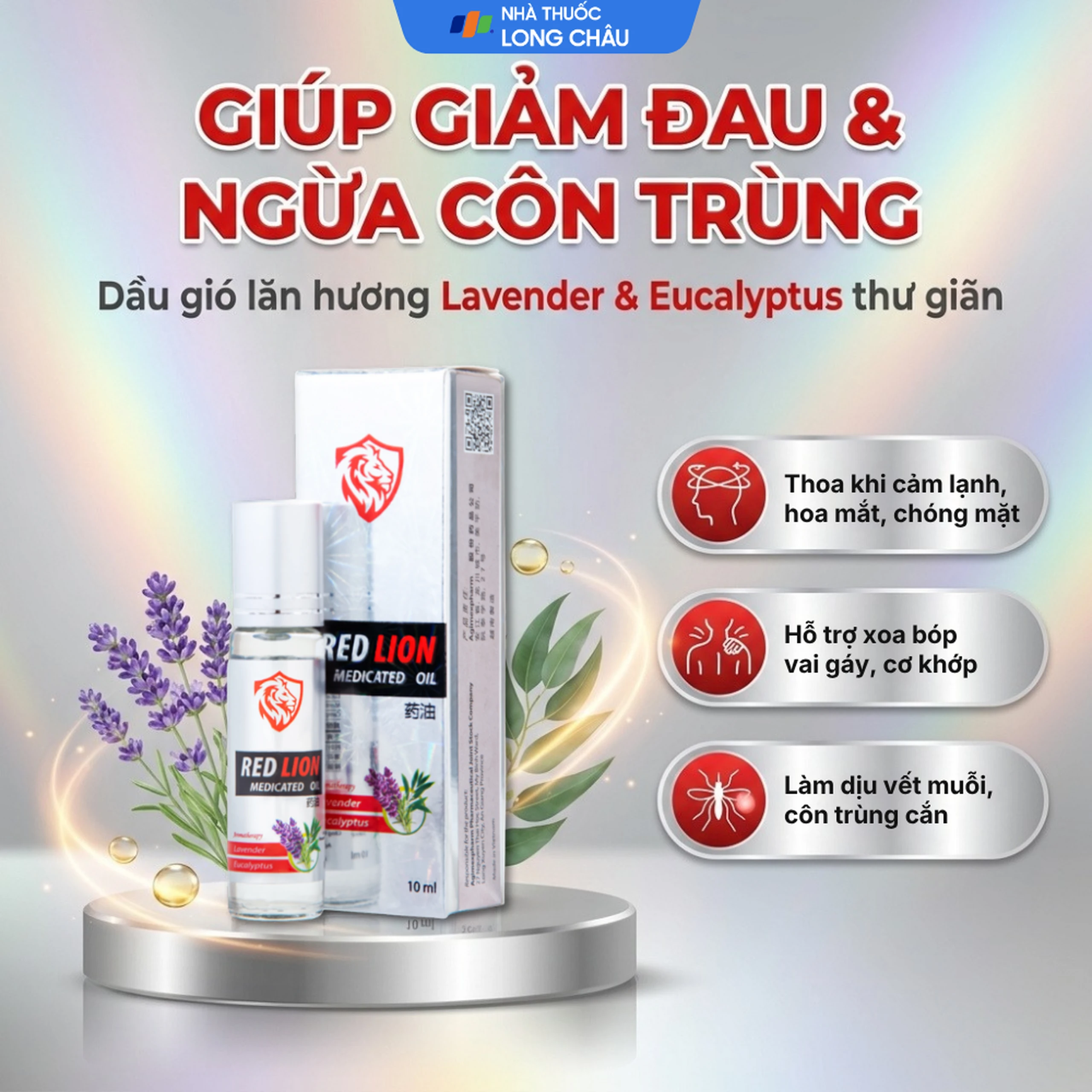 Dầu gió lăn Red Lion Medicated Oil White Agimexpharm hương Lavender & Eucalyptus giúp giảm đau, ngừa côn trùng (10ml) 2
