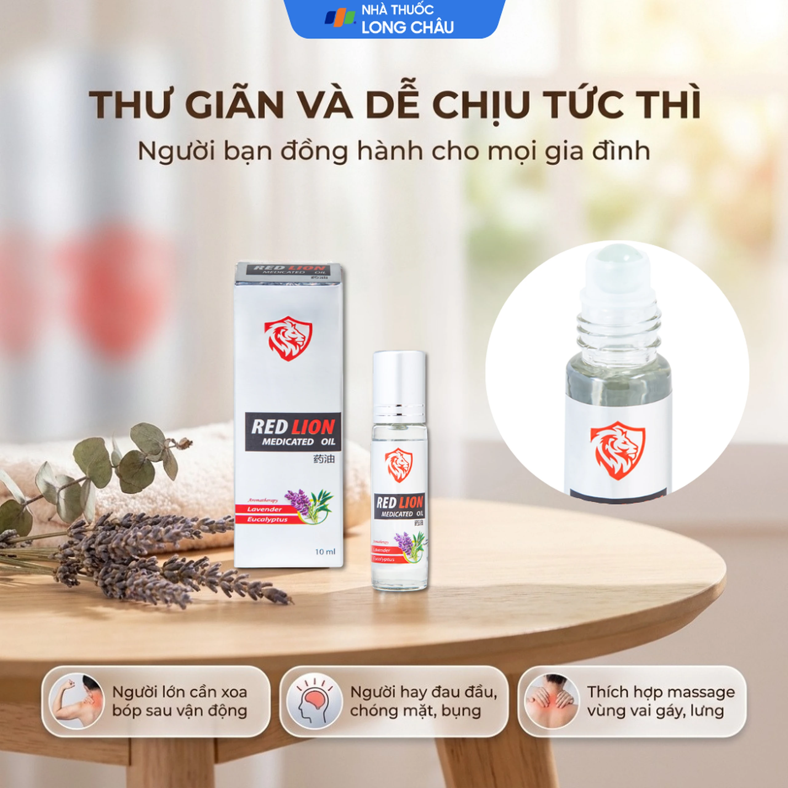 Dầu gió lăn Red Lion Medicated Oil White Agimexpharm hương Lavender & Eucalyptus giúp giảm đau, ngừa côn trùng (10ml) 4