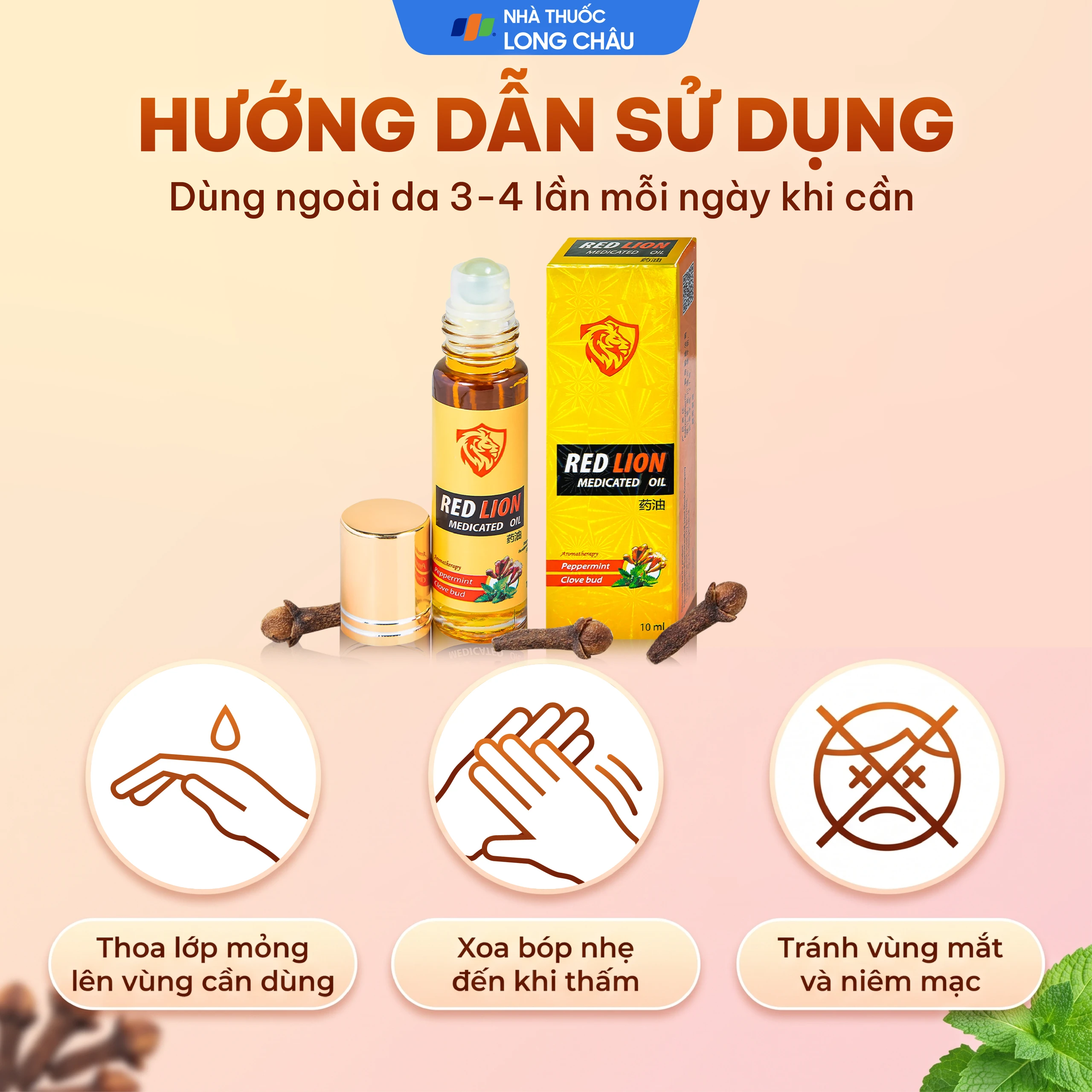 Dầu gió lăn Red Lion Medicated Oil Yellow Agimexpharm Peppermint Clove Bud (10ml) 5