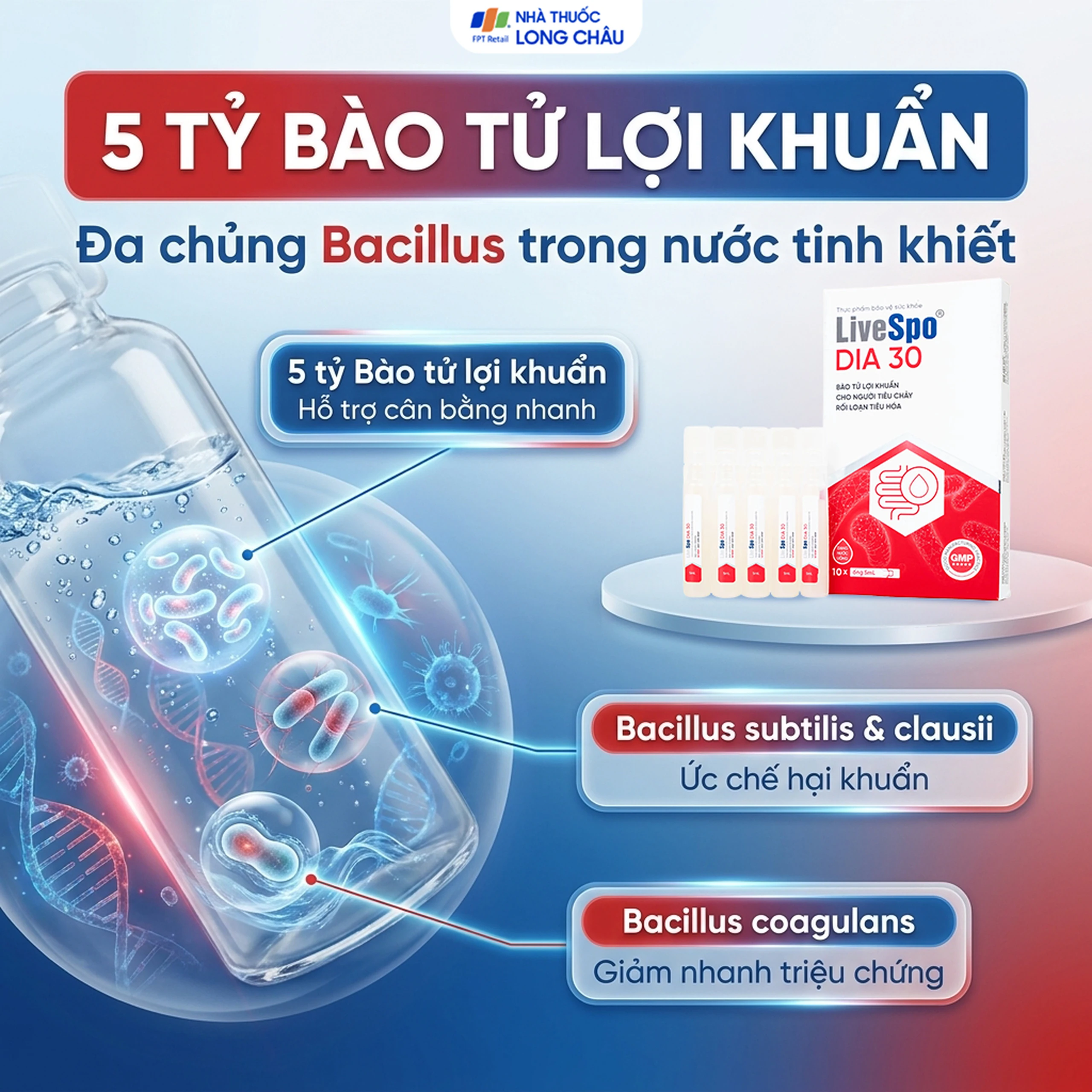 Bào tử lợi khuẩn cho người tiêu chảy cấp tính, rối loạn tiêu hoá Livespo DIA 30 (10 ống x 5ml) 3