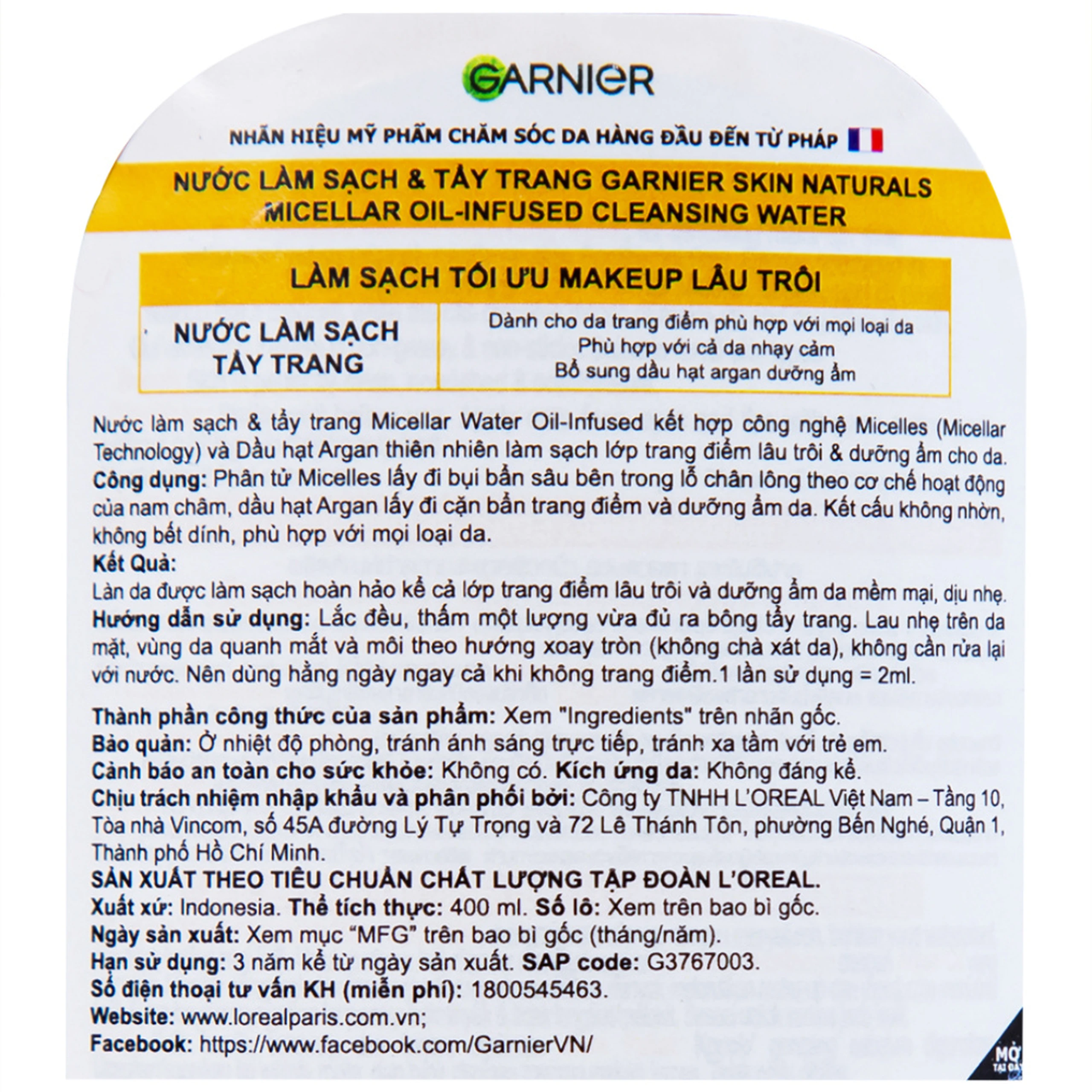 Nước tẩy trang Garnier Skin Naturals Micellar Oil Infused Cleansing Water 400ml