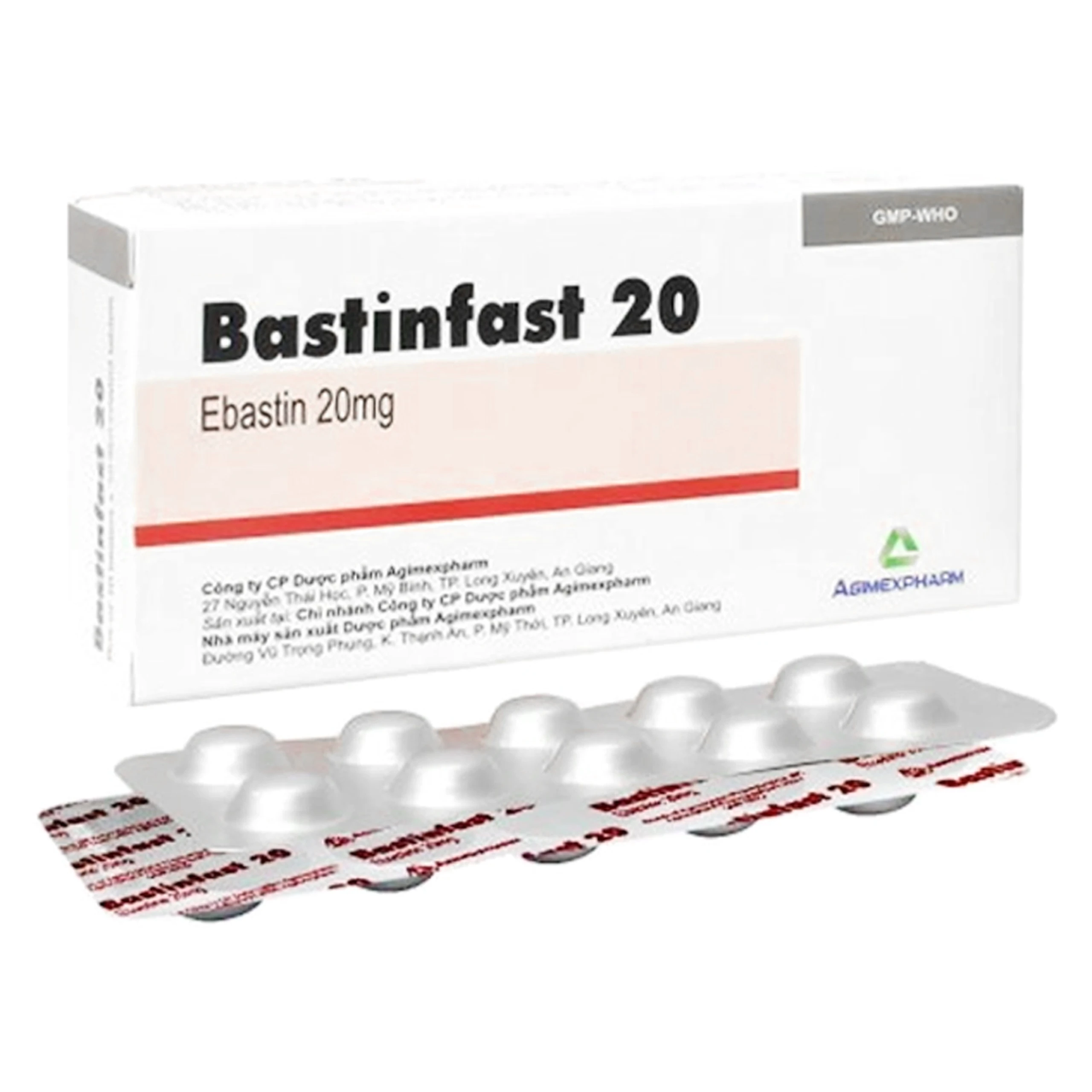 Thuốc Bastinfast 20 Agimexpharm điều trị triệu chứng viêm mũi dị ứng, ngứa da, mày đay (10 vỉ x 10 viên)